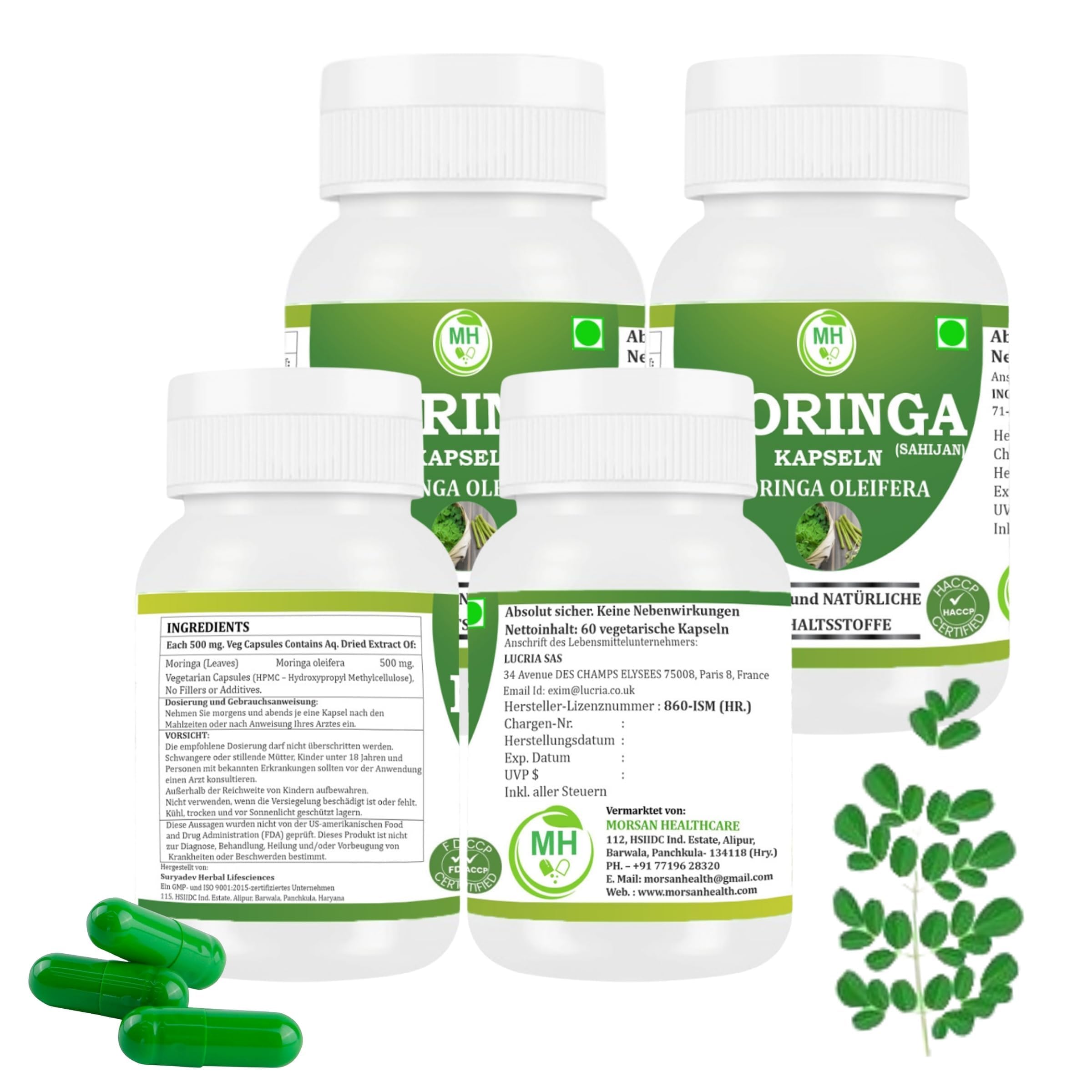 Moringa Kapseln | 240 Vegane Kapseln | Reines Moringa Blattpulver | Natürliches, Pflanzliches Superfood | Ohne Gentechnik, Glutenfrei, Laktosefrei, Ohne Zusatzstoffe