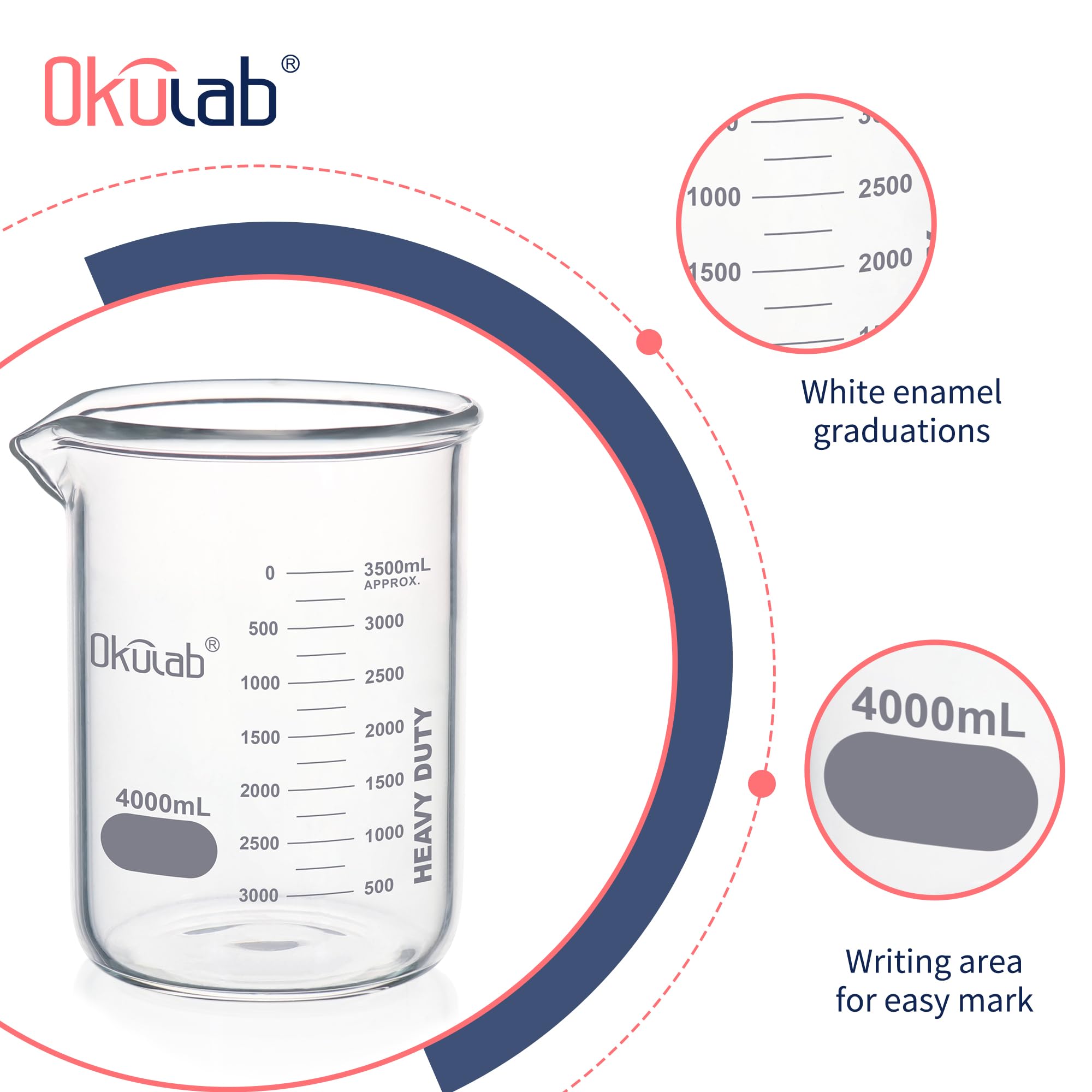 HBKG4000A1 - Set di bicchieri in vetro borosilicato 3.3 a pareti spesse, con graduazione stampata a doppia scala, vol.4000 ml, HBKG4000A1