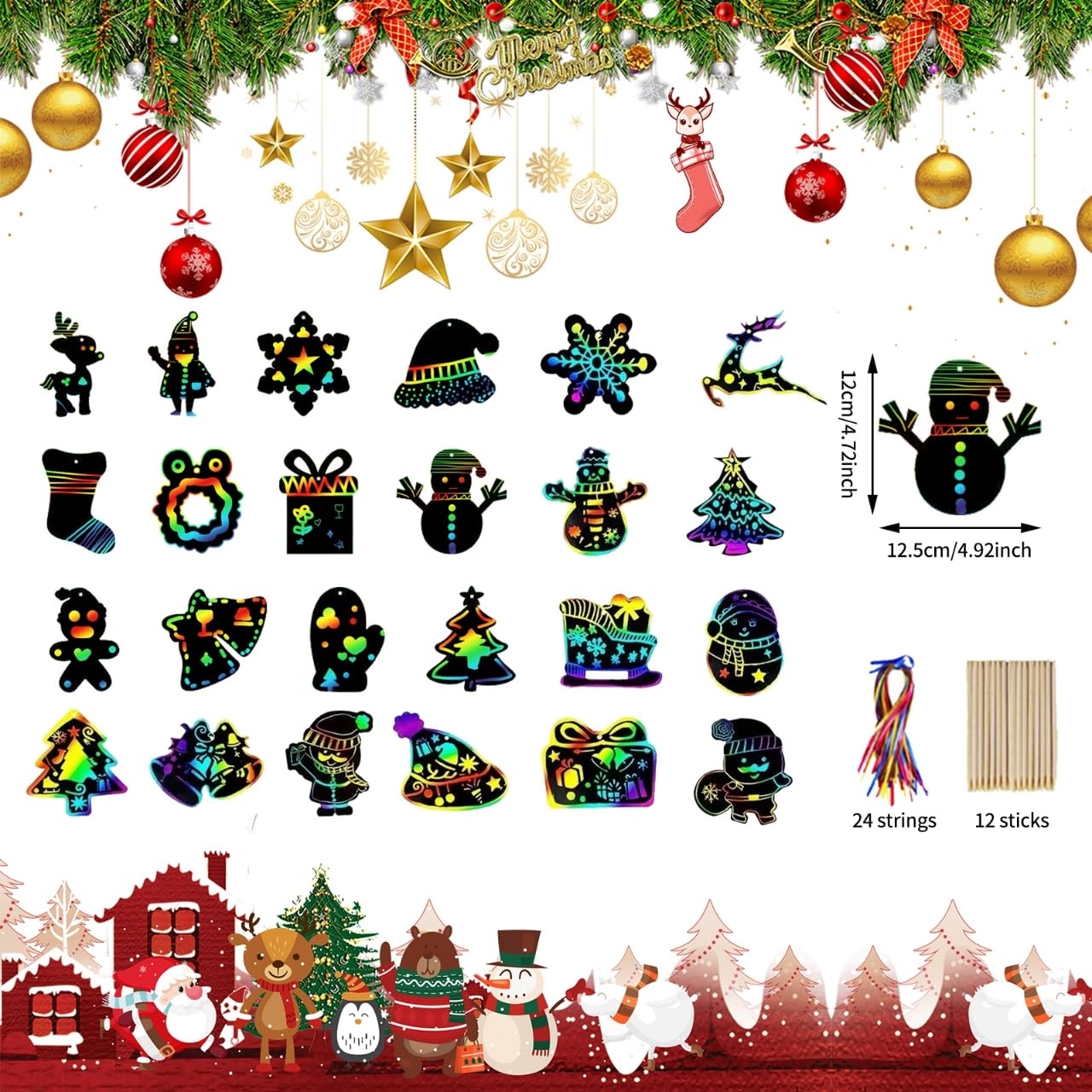 48 Pezzi Scratch Art Bambini, Scratch Art Natale, Magic Carta da Grattare, Scratch Paper Rainbow con Nastro, Spago, Campana e Penna di Bambù per Decorazioni Festive