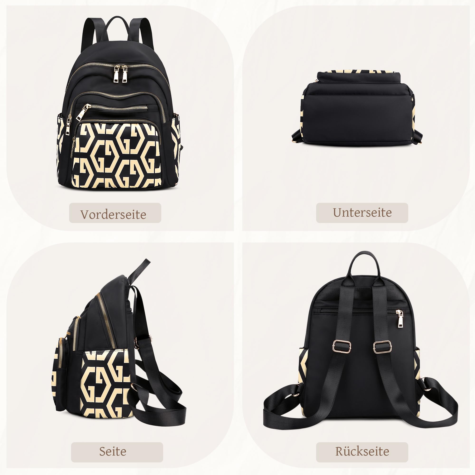 Rucksack Damen Elegant Umhängetaschen Wasserdichte Anti Diebstahl Tasche Casual Daypack Multifunktional Frauen Handtasche für Arbeit Reisen Uni Alltag Groß aus Polyester Beige Geometrisch