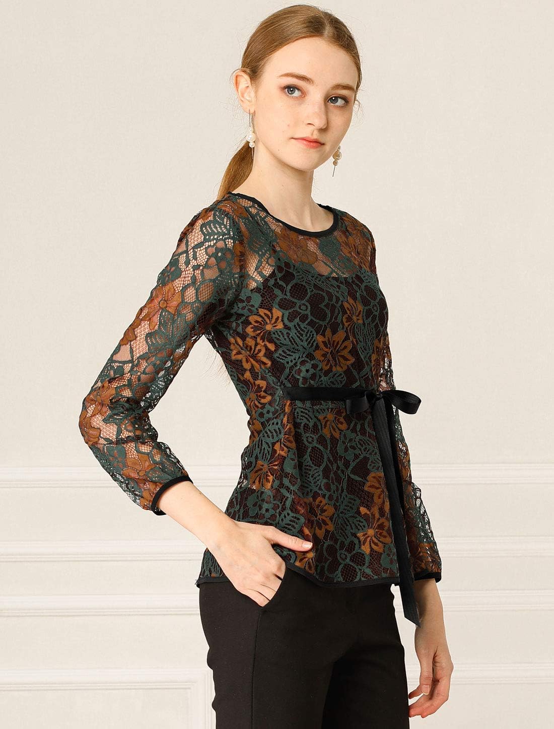 Allegra K Women's Elegant Tie Waist Long Sleeve Top Lace Peplum Blouses - Image 4