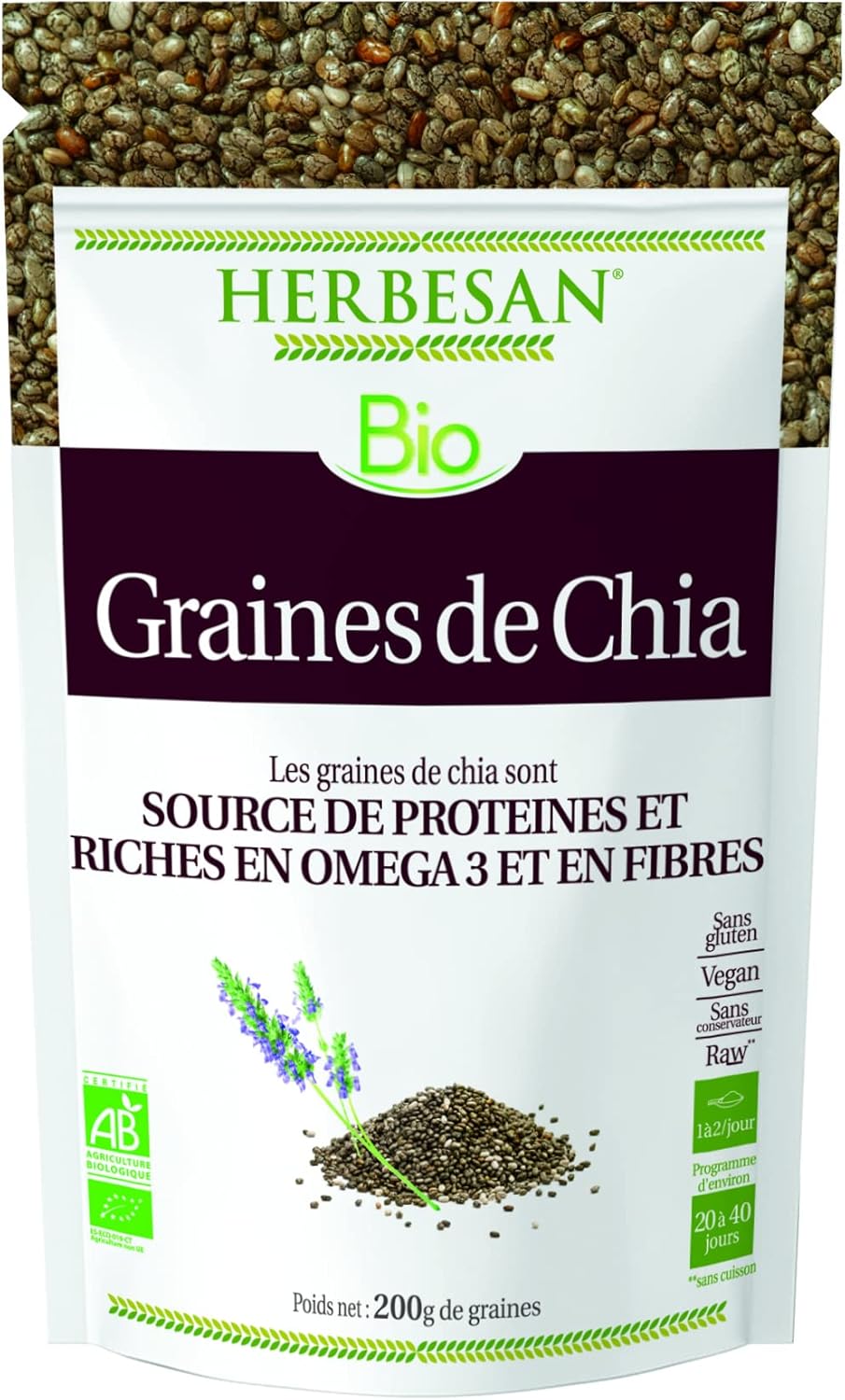 HERBESAN® -CHIA SEEDS ORGANIC – Source of Protein & Rich in Fiber and Omega 3 – Bag of 200g