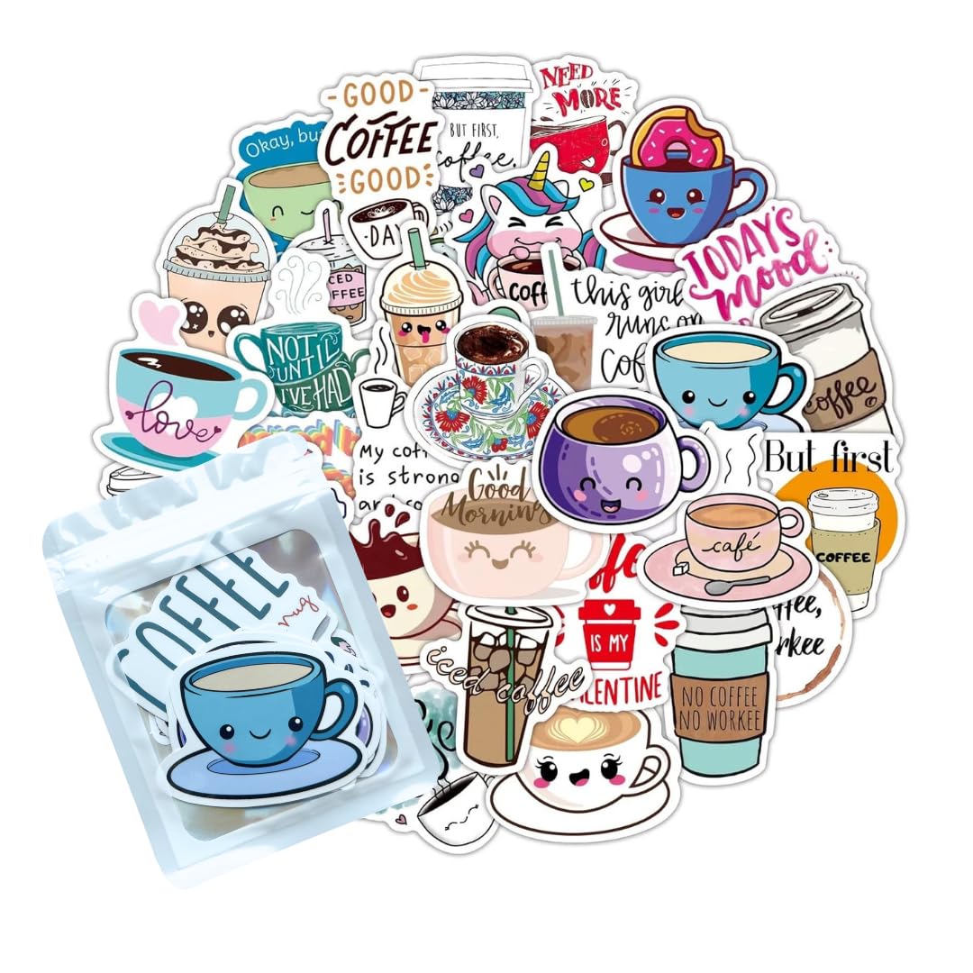 HNTR® Coffee Stickers | 50 Aesthetic Stickers with Fun Coffee Art for Journals, Books, Scrapbooks & Laptops
