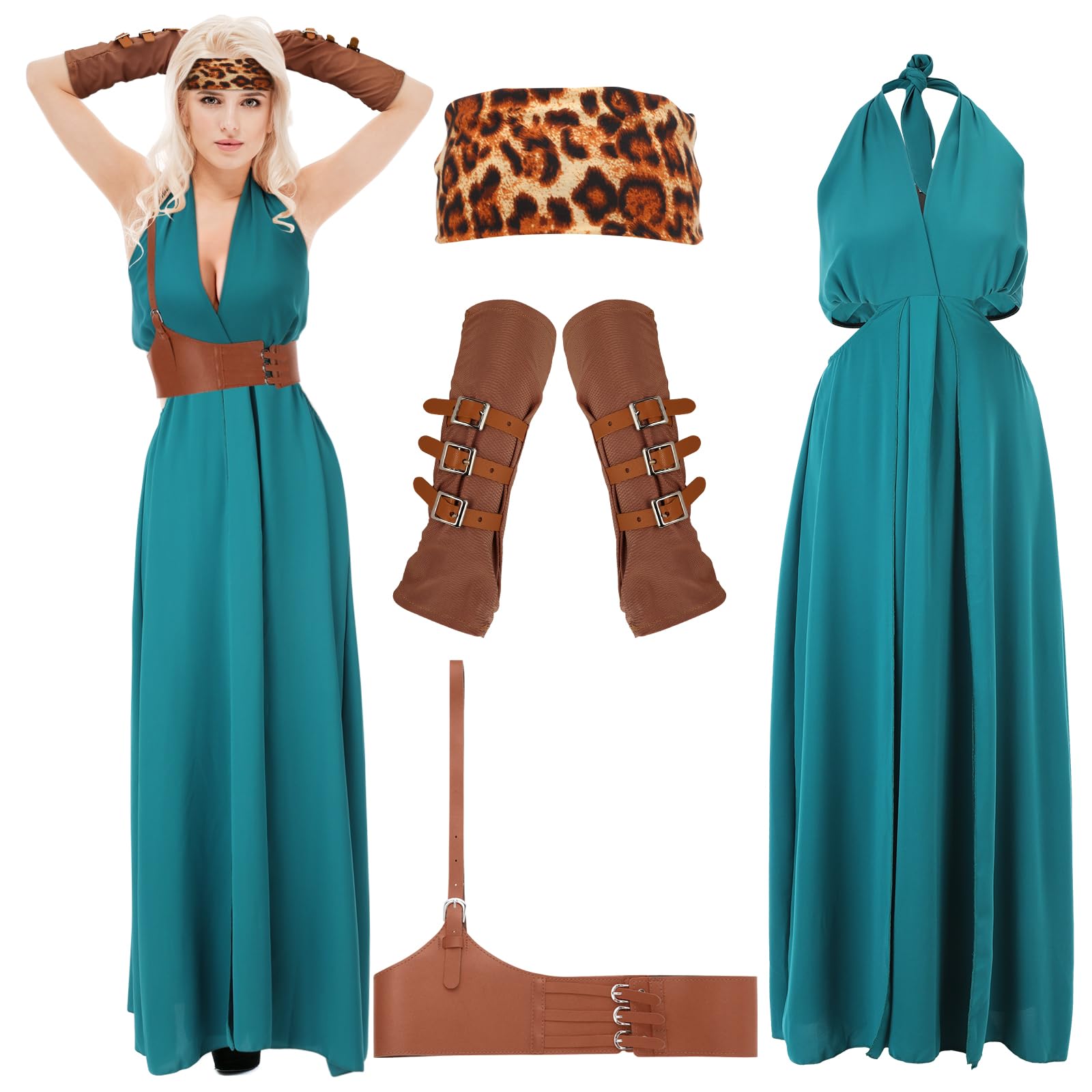 Photo 1 of Hicarer 4 Pcs Halloween Warrior Costume for Women Includes Warrior Dress Bracers Headband and Shoulder Harness Vikings Costume Greek Egyptian Warrior Maiden Costume for Women Cosplay Costume