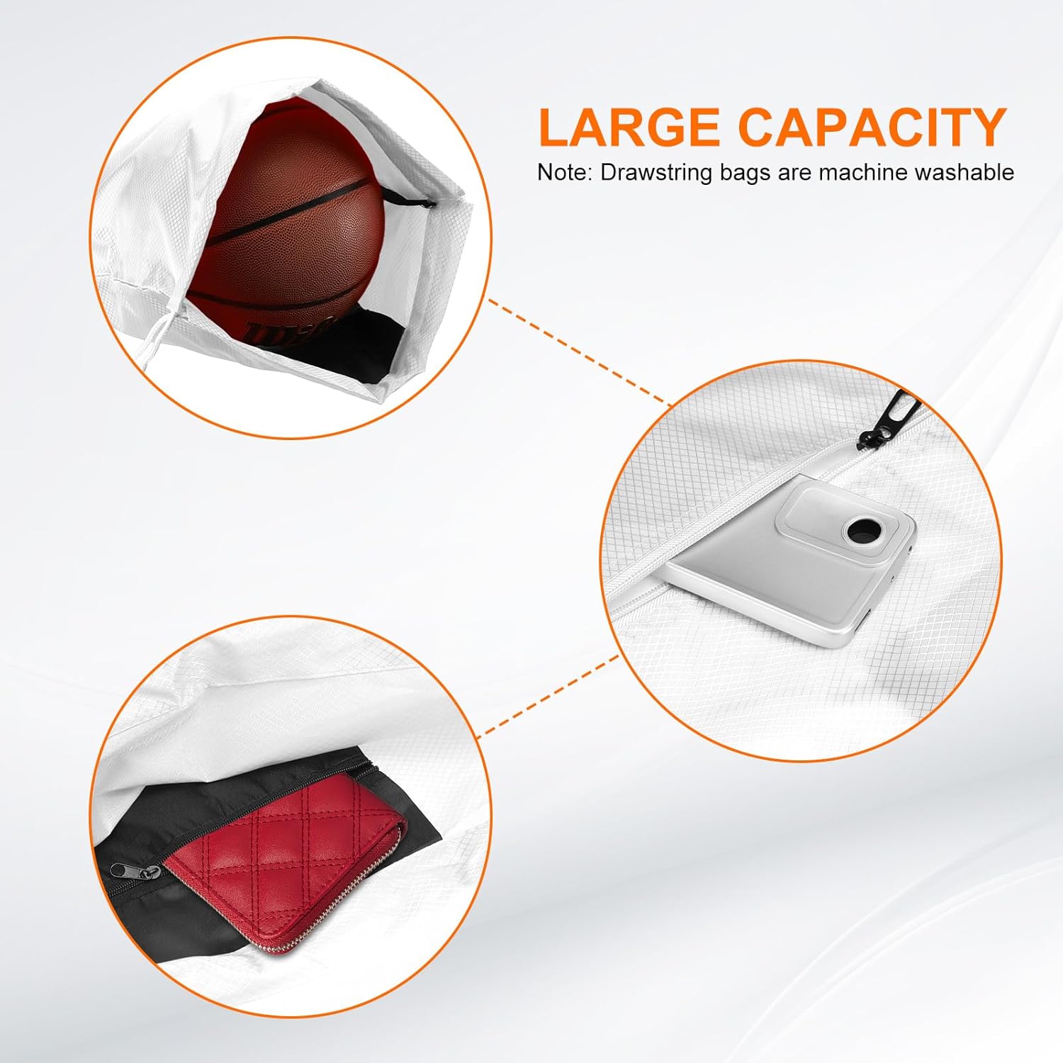 HARFINGTON Drawstring Backpack Bag 16.5" x 19.3" Oxford Cloth Bulk Cinch Sack Unisex Waterproof Draw String Back Sack with Zipper Pockets for Sports Gym Travel Swimming Beach, White - Image 5