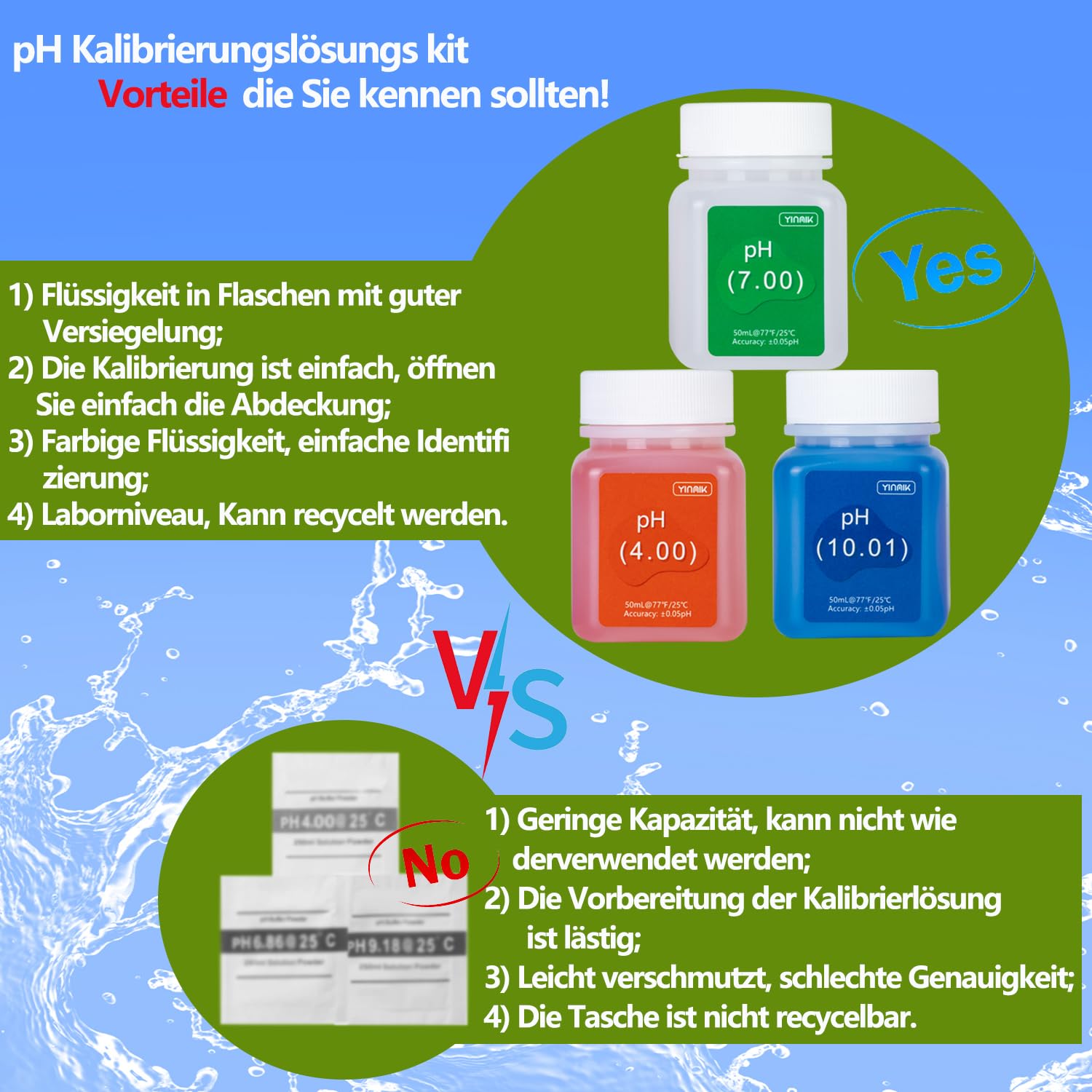 YINMIK pH Messgerät Kalibrierung Slösungs Kit (4.00, 7.00 und 10.01) mit pH Schutzlösungs Set, 3 Flaschen 50 ml pH Kalibrierung Spufferlösung und 2 Flaschen 10 ml KCL pH Sondenlösung für pH Messgerät
