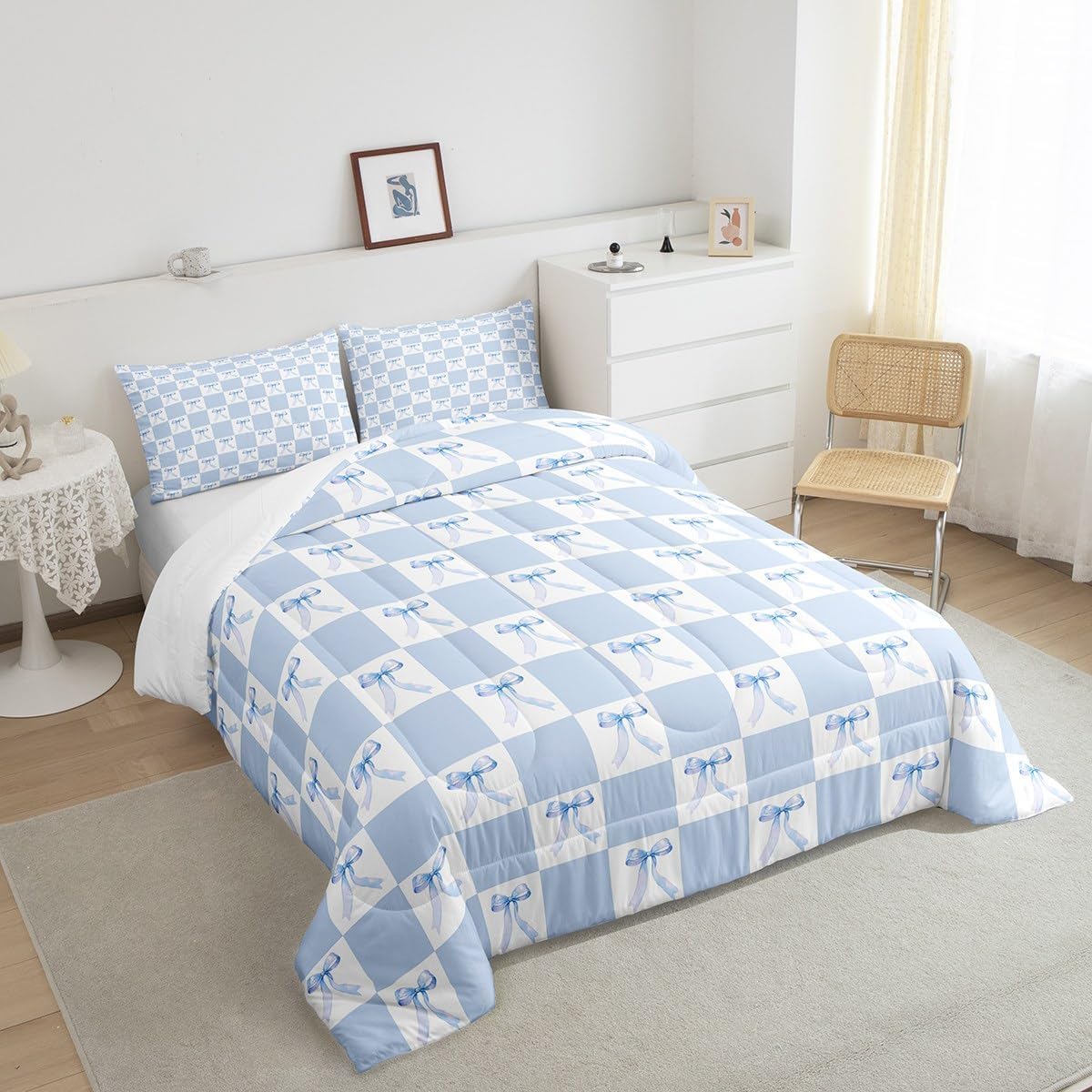 Manfei Blue Bowknot Bed Comforter Set Queen Size,Dreamy Bow Minimalist Grids Plaids Geometric Super Soft Microfiber Bedding Set for Adults Teens,Princess Style Blue White Comforter Set,2 Pillows