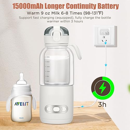 Miniatura 5 de Calentador de biberones portátil, calentador de biberones inalámbrico recargable de 15000 mAh, calentador de biberones para leche materna,