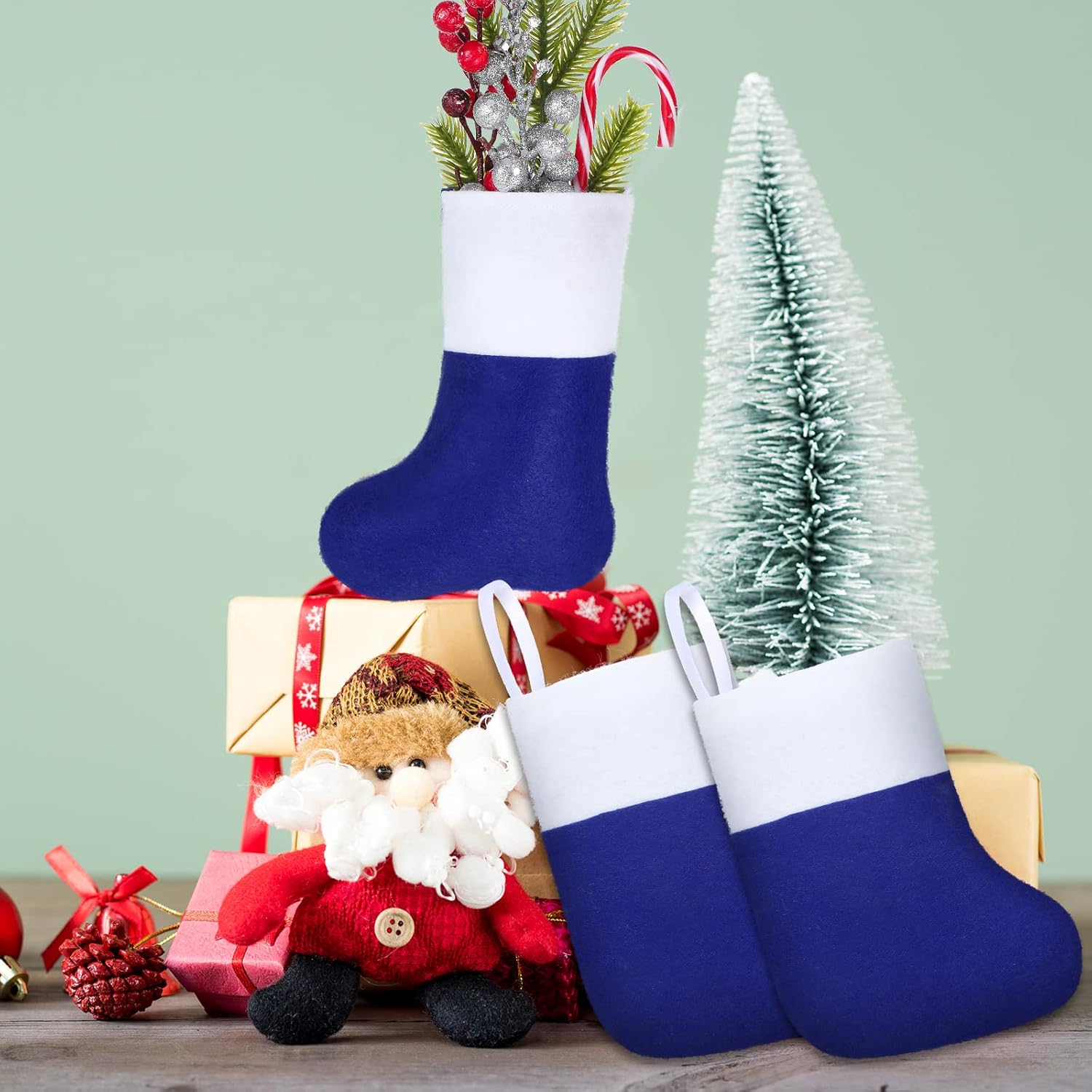Leitee 36 Pcs 7.5 Inches Mini Christmas Stockings Classic Felt Christmas Hanging Ornament with White Cuff Xmas Stockings Holders Rustic for Gift Card Candy Tree Family Holiday Decor (Blue and White)