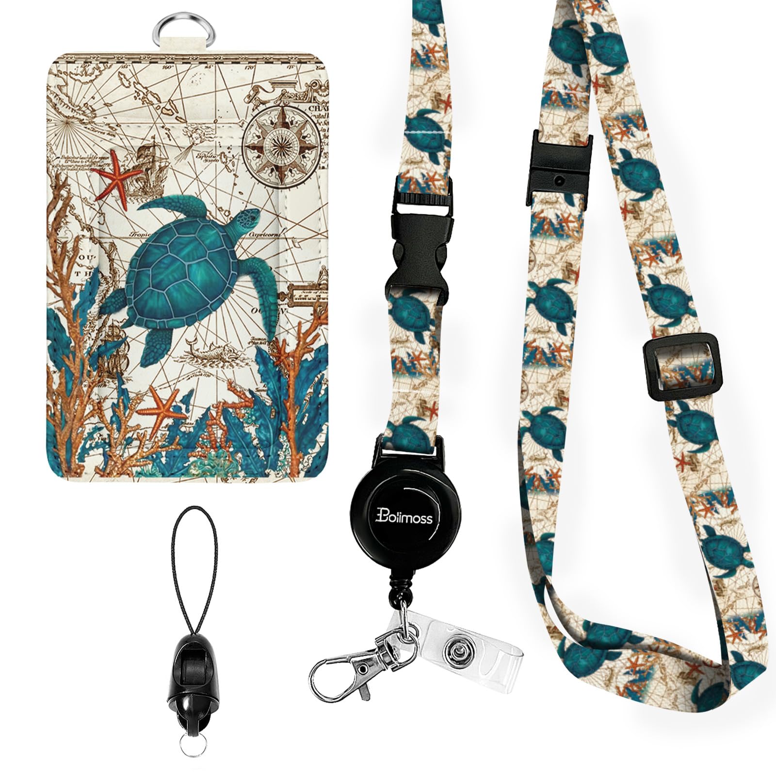 bolimoss Sea Turtle Lanyards for ID Badges, Cute Leather ID Badge Card Holder with Detachable Adjustable Neck Lanyard Strap,Retractable Badge Holders with Quick Release Buckles for Teacher Student โ image 1