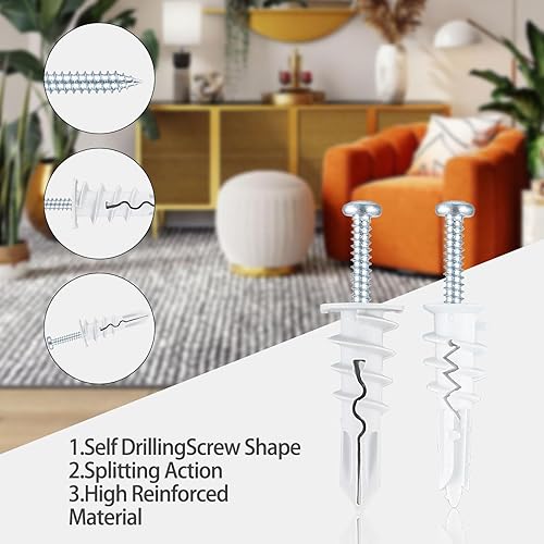 Miniatura 6 de #8 Kit de anclajes y tornillos para paneles de yeso, 100 anclajes de pared autoperforantes y tornillos para paneles de yeso, incluye 50 anclajes de