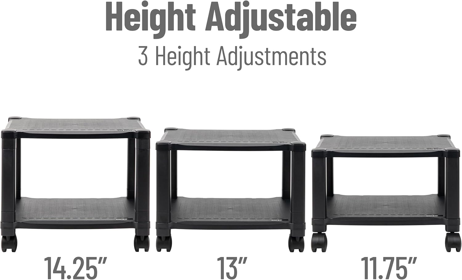 Black Adjustable Height Mobile Printer Cart with 3 Shelves