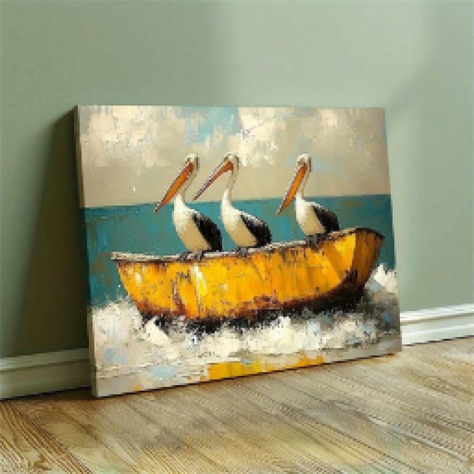 XBTYKPB Vintage Landscape Pelican Boat Posters, Animals Photo Canvas Wall Art Painting For Bedroom, Office, Living Room, Pictures 60x90cm Withframe