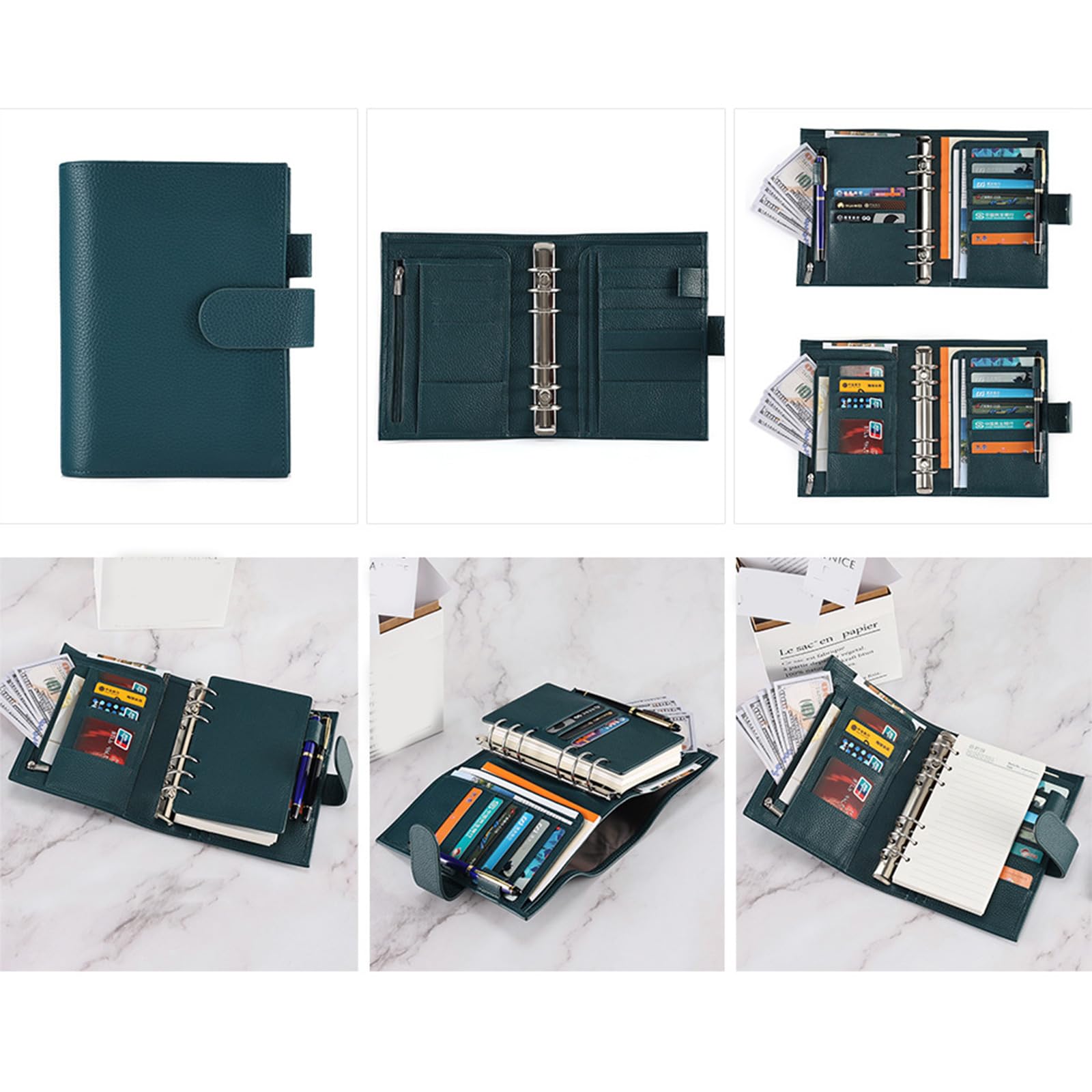 Taccuino ricaricabile in pelle PU con scomparto per penne, porta carte di credito, tasca per ricevute, borsa per contanti con cerniera, per donne e uomini, quaderno a tre ante