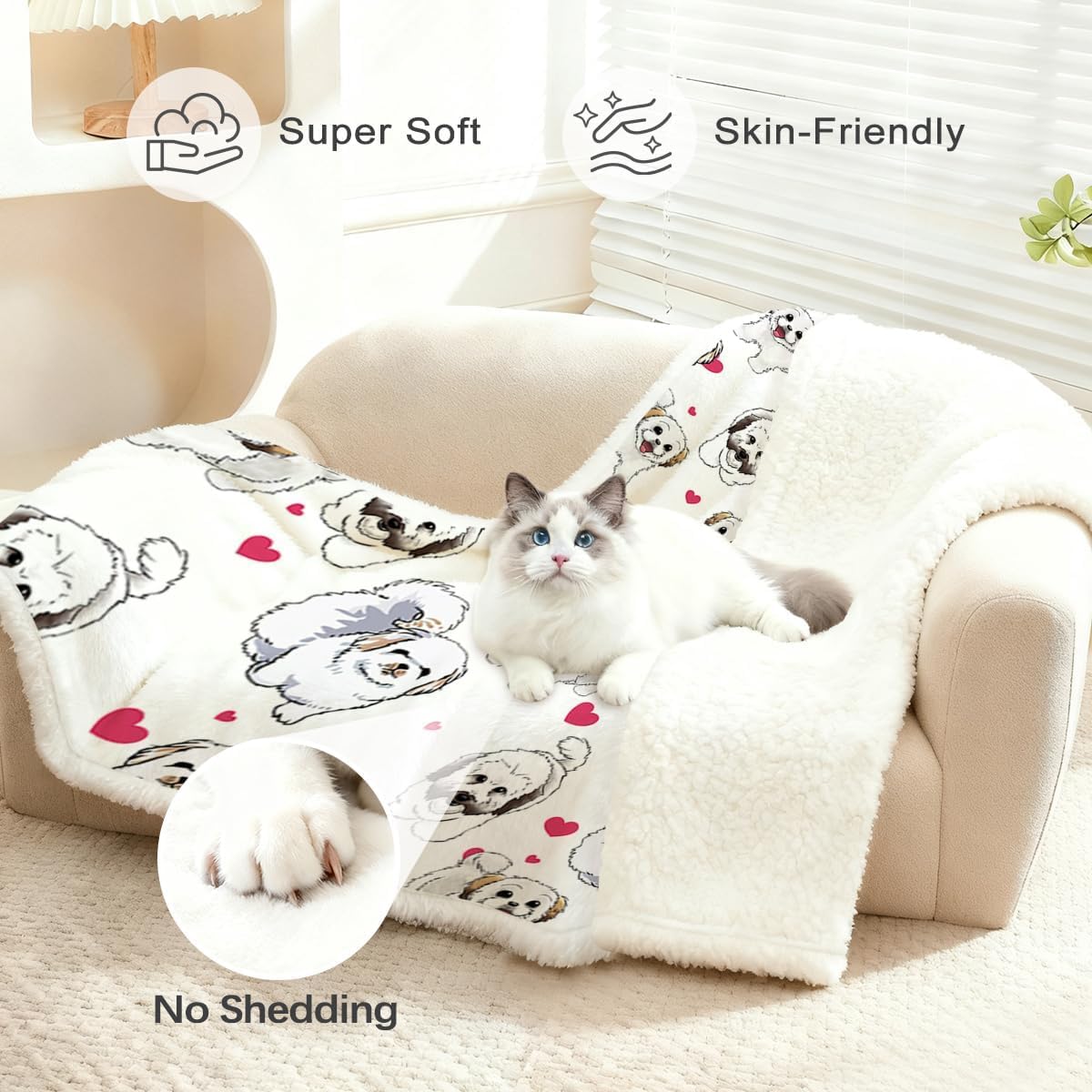 BlessLiving Shih Tzu Sherpa Throw Blanket - Super Soft Fuzzy Cozy Warm Red Hearts Dog Blanket Thick Plush Fluffy Blankets for Teen Girls Women Couch Bed Sofa Chair Men Boys Gift (Throw, 50x60 Inches)