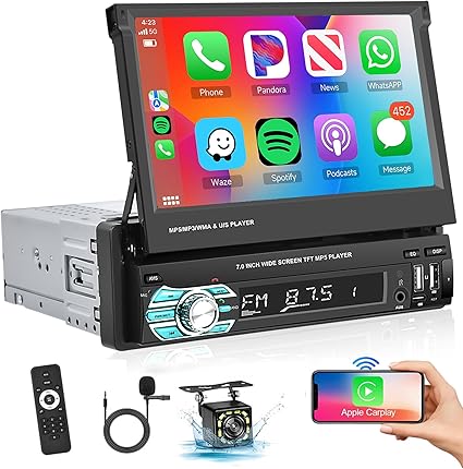 Hodozzy 1 Din Autoradio CarPlay et Android Auto, 7 Pouces MP5 Poste Radio Voiture 1 Din avec Ecran Bluetooth Single DIN Lien Miroir pour iOS/Android FM Radio EQ AUX/USB/TF/ Caméra de