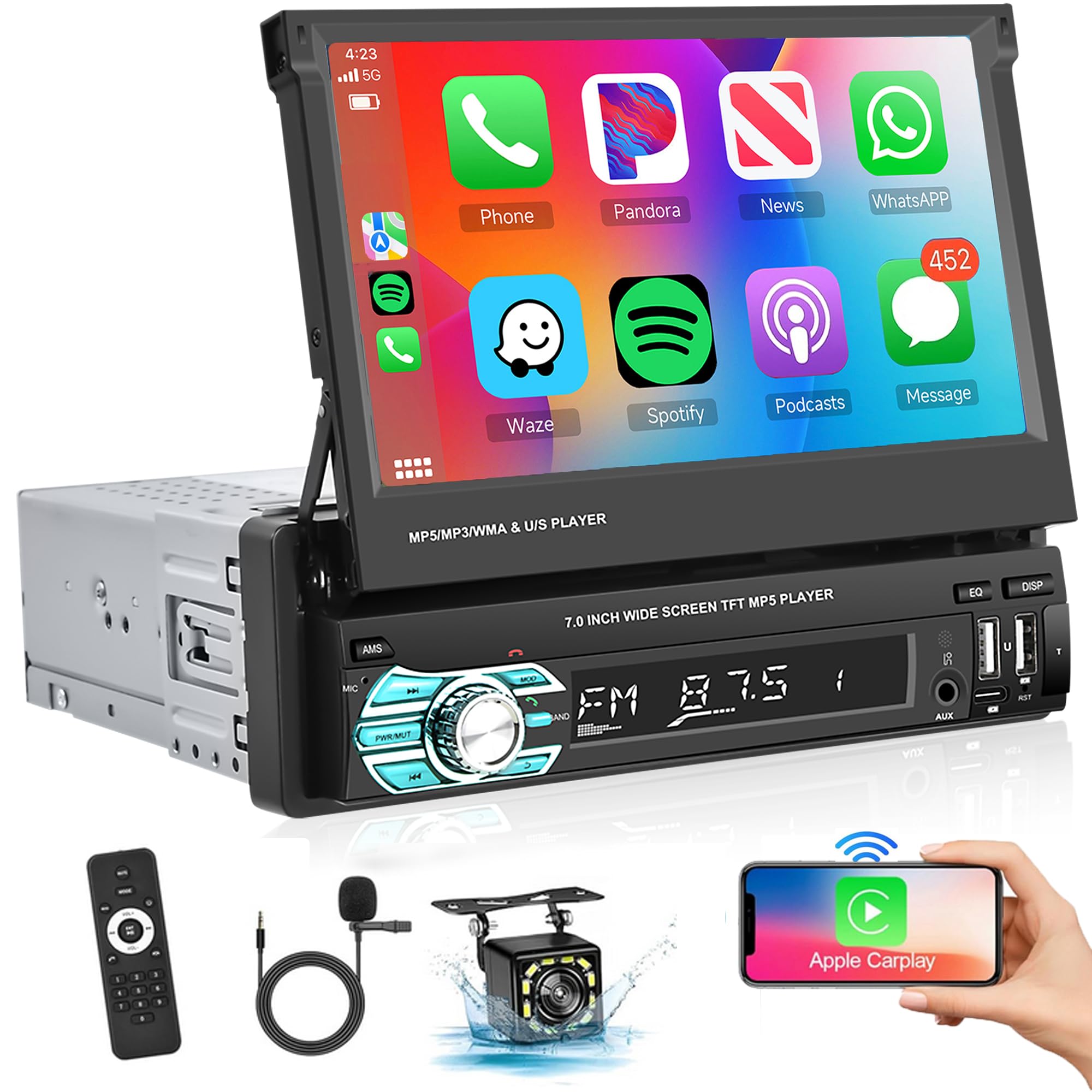 Autoradio 1 DIN Bluetooth Avec Support Téléphone - APP Contrôle, USB/Type-C, FM, AUX, TF, Sortie 45Wx4
