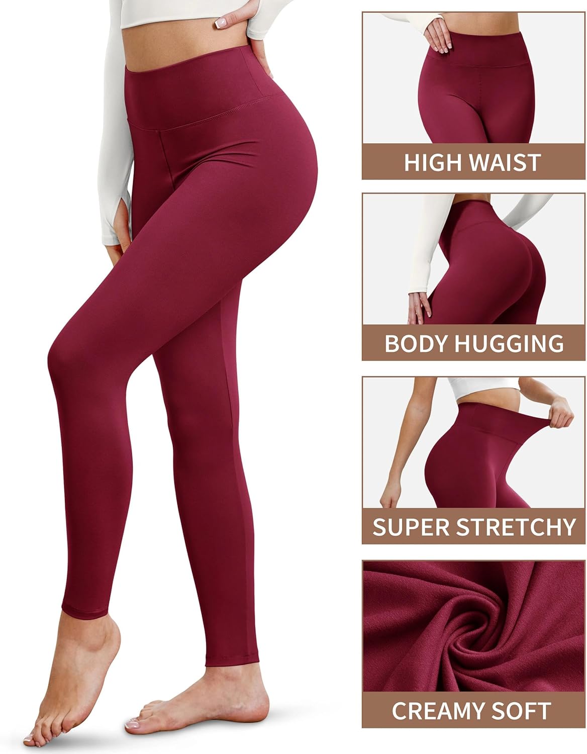 A model demonstrating the stretch and flexibility of the leggings.