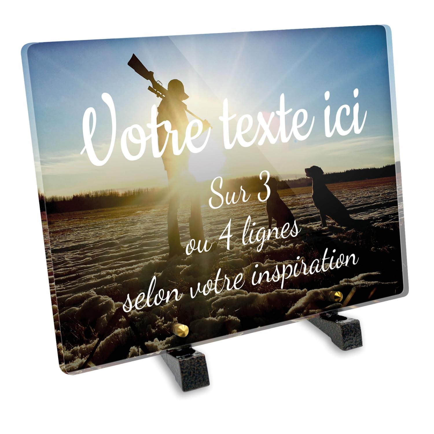 Placca funeraria rettangolare personalizzabile in plexi motivo cacciatore e cani da caccia, diverse dimensioni, spessore 6 mm, personalizzata su più linee, 30 x 20 cm