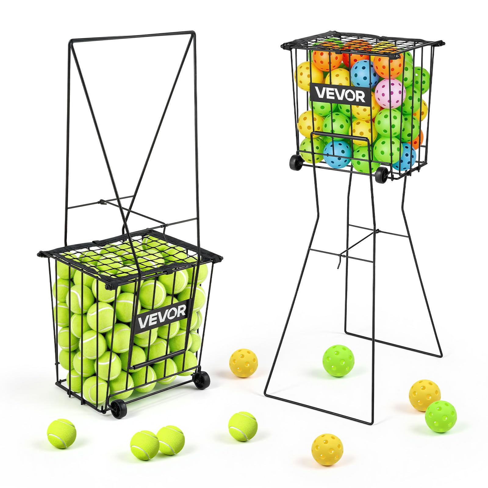 VEVOR Recogepelotas de Tenis con Ruedas y Mango, Capacidad para 75 Pelotas o 52 Pickleball, Cesta Portátil de Tenis con Soporte, Altura Ergonómica, Carro de Acero para Entrenamiento y Almacenamiento