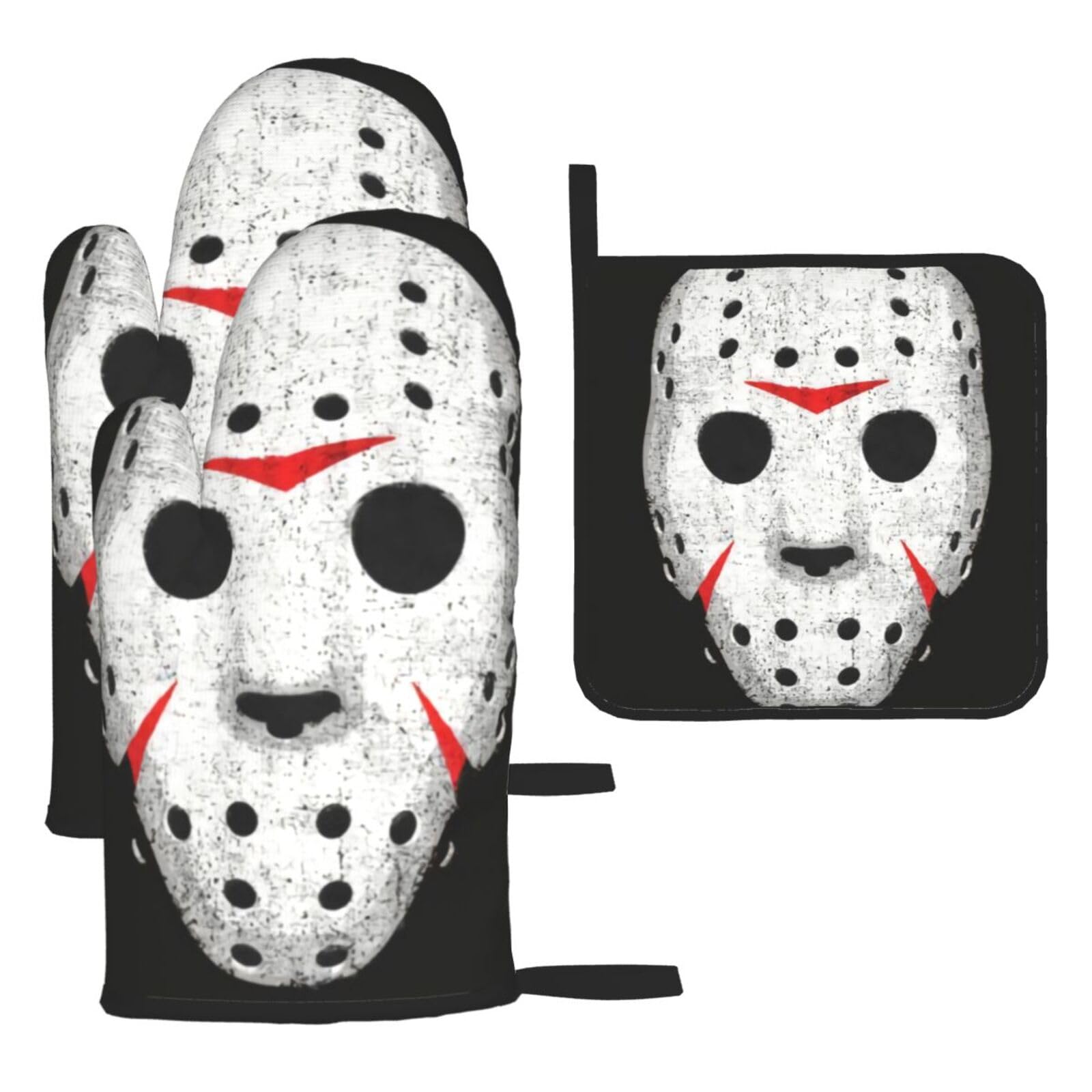 Horror Skull 3 Piece Kitchen Oven Mitt Set Heat Resistant Gloves with Pot Holder Mat Polyester Printed for Cooking Baking BBQ Grill
