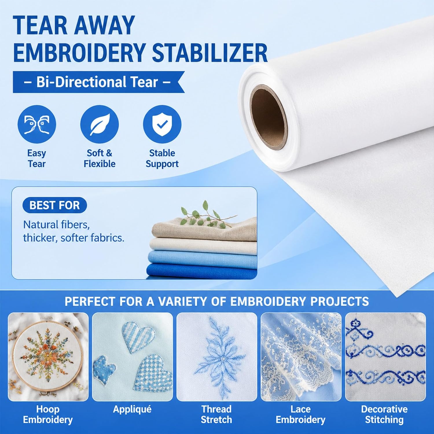 Tear Away Embroidery Stabilizer 12" x 50 Yd Roll, 1.8 oz Medium Weight Polyester Embroidery Backing for Hoop Embroidery, Applique and Decorative Stitching