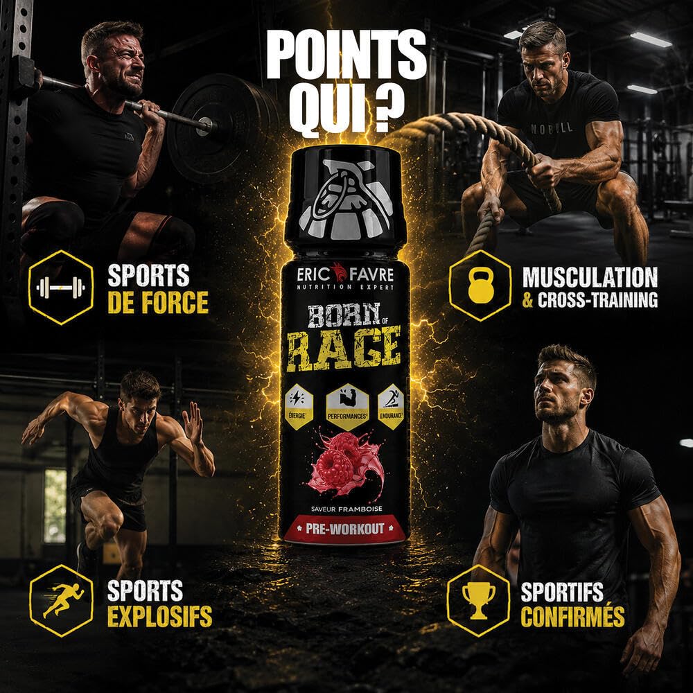 BORN OF RAGE SHOT PREWORKOUT - Énergie Instantanée - Booster Musculaire - Caféine Haute Teneur - Endurance & Performance - Display 12x50ml - Saveur Citron - Eric Favre