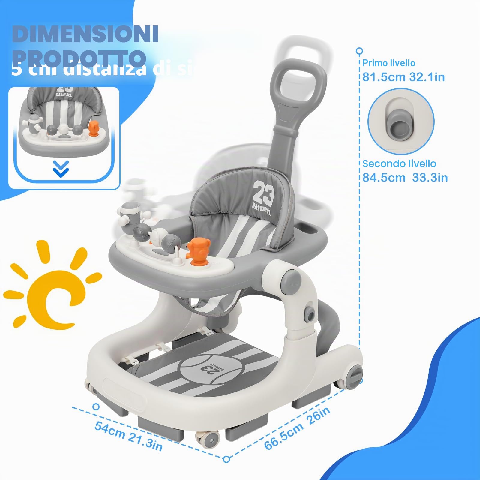 3 in 1 Girello Neonato, Baby Walker per Bambini con ruote, luce, musica, centro giochi, Altezza Regolabili, Carrellino per Bimbi 6-18 Mesi (Grigio)