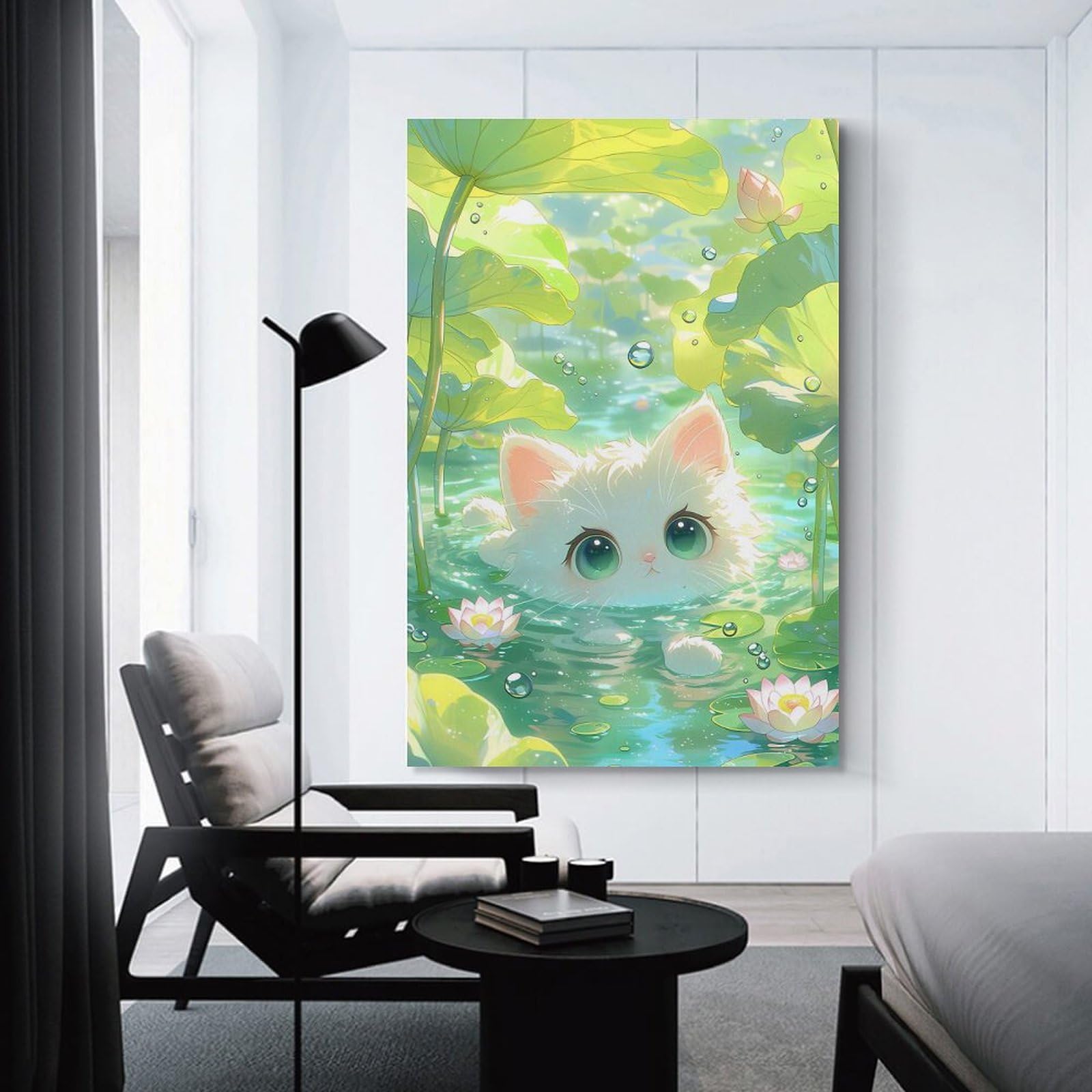 Junmoney Wall Art Print Cute Cat in Lotus Pond, 24x36inch(60x90cm), for Bedrooms, Workspaces And Everyday Interiors, Stylish Home Artwork for Focal Walls
