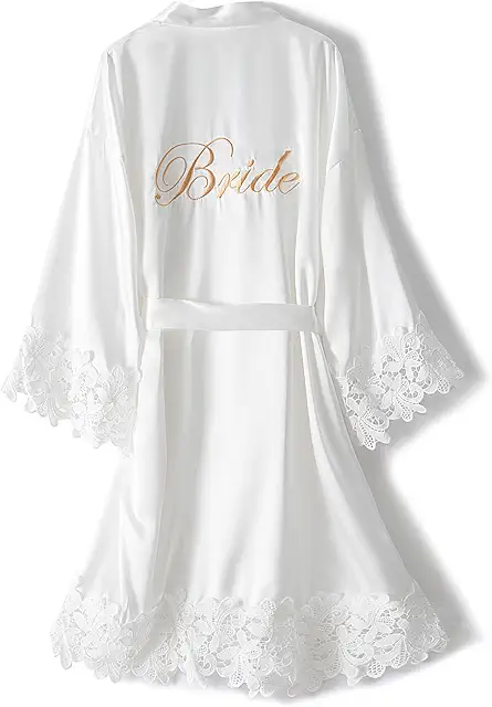 Women's Satin Dressing Gown: Short Lace-Embroidered Bride Bathrobe for Wedding Parties