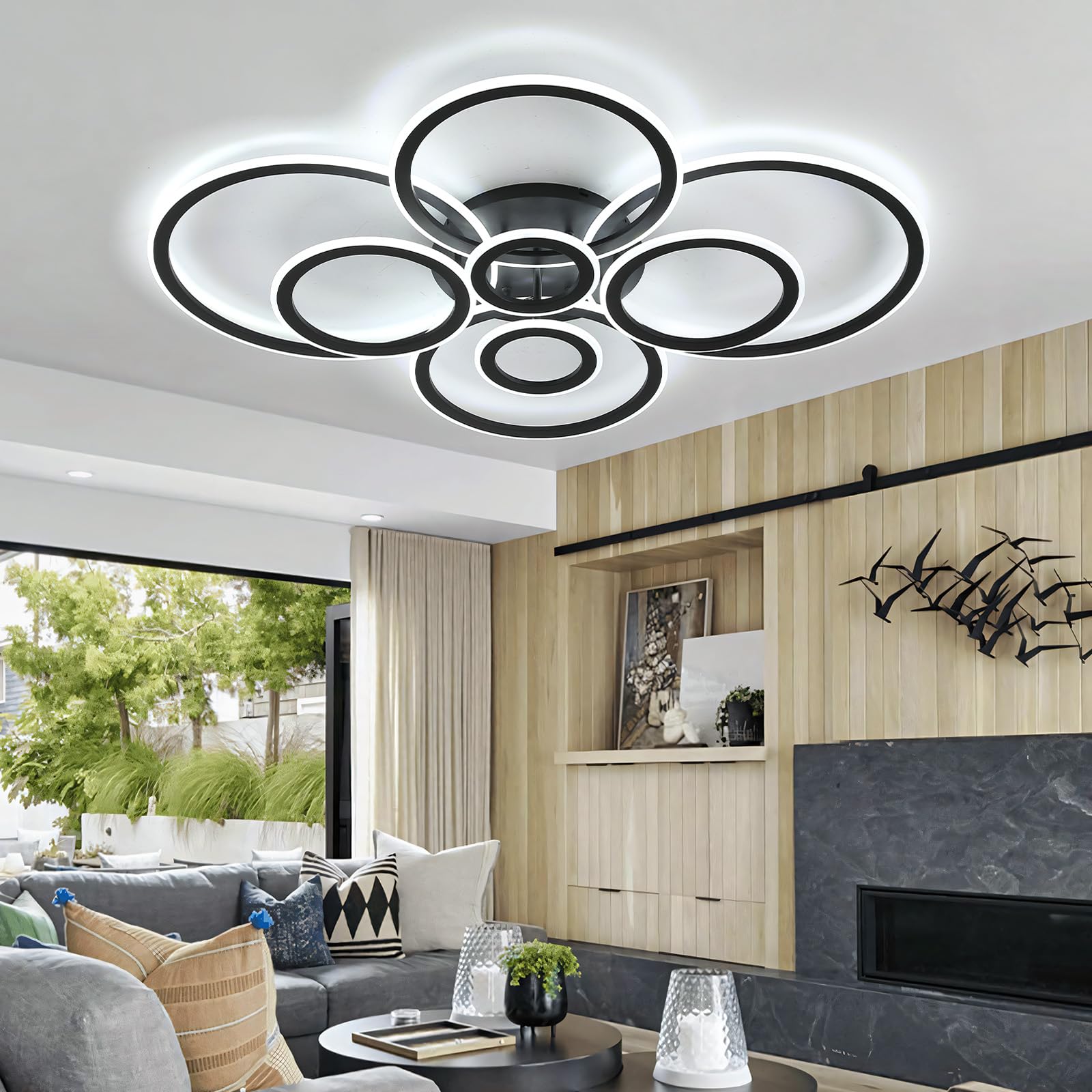 Ceiling Lights Living Room, Flush LED Bedroom Light Fittings Ceilings Remote Control Lounge Modern Lighting Ceiling Dimmable Round APP Indoor Φ55cm Ceiling Lamp for Dining Room-Black||C