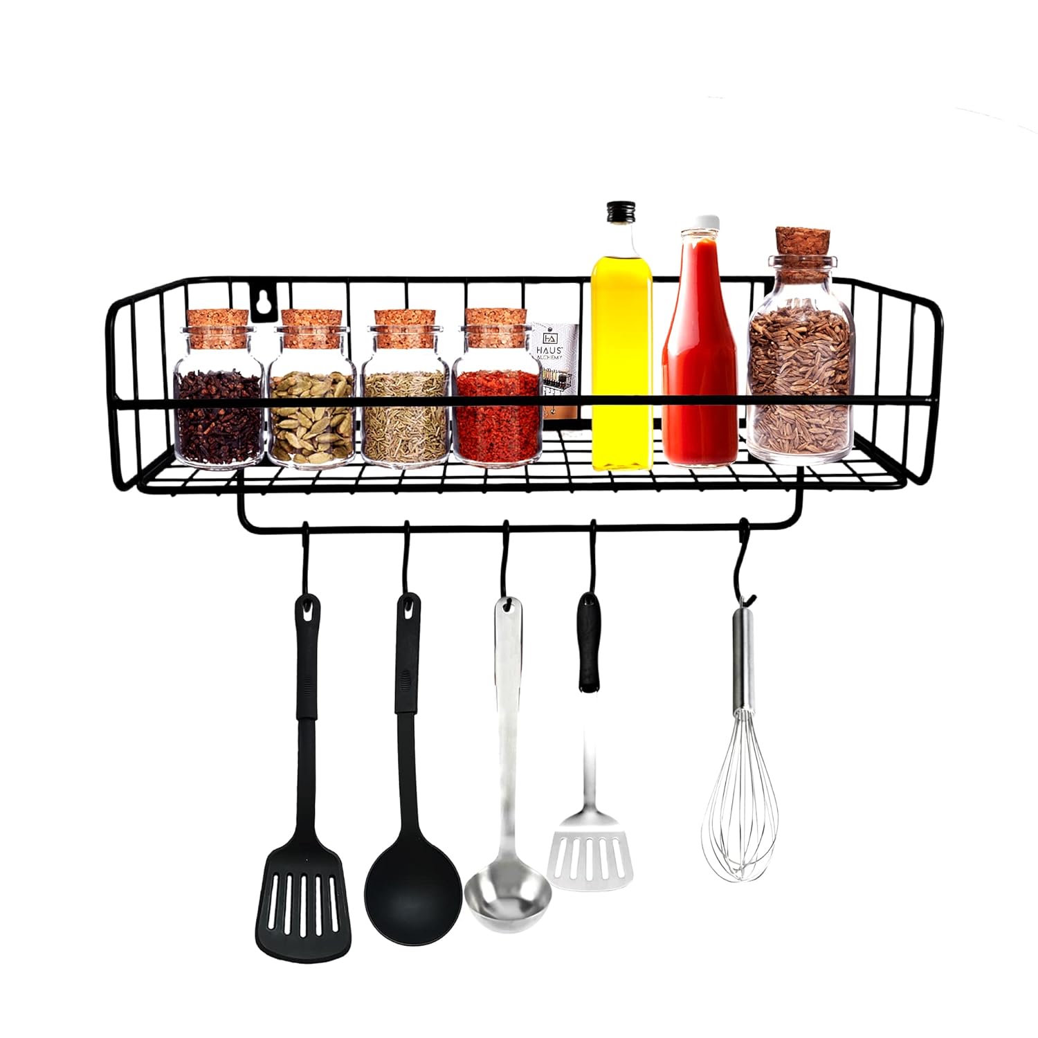 Haus Alchemy Kitchen Spice Rack Organizer Shelf with 5 Hooks Wall Mount ...