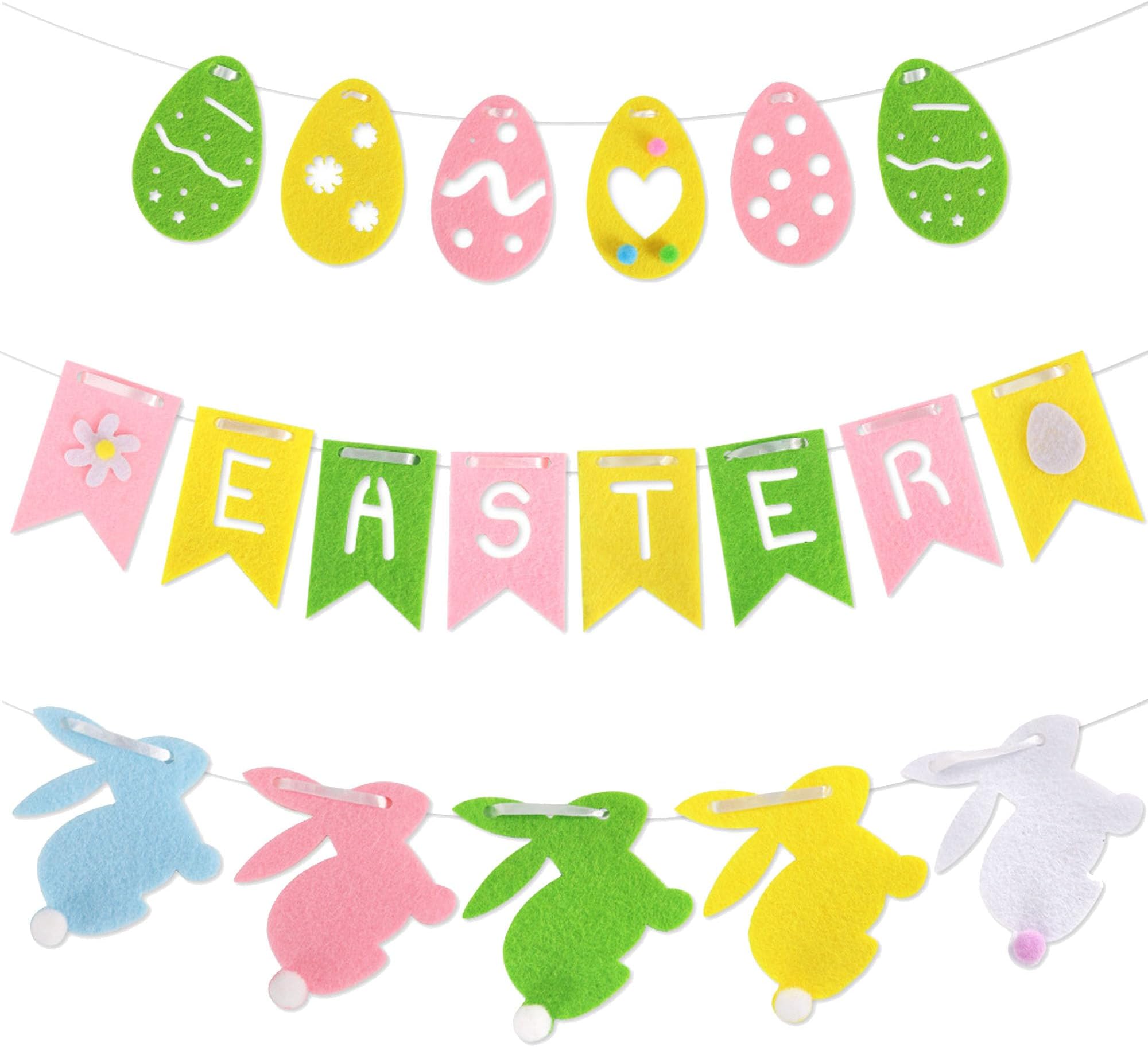3 Pack Happy Easter Banner Decorations, Easter Egg Bunny Felt Banner, Colorful Holiday Bunting Garlands for Mantle Fireplace Wall Home Indoor Outdoor Spring Party Hanging Decor