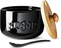 Vista 1 de LYEOBOH Azucarera Negra con Tapa y Cuchara, Tarro de Azúcar de 17 OZ, Recipiente de Azúcar para Barra de Café, Tarro de Cerámica con Tapa, Azucarera