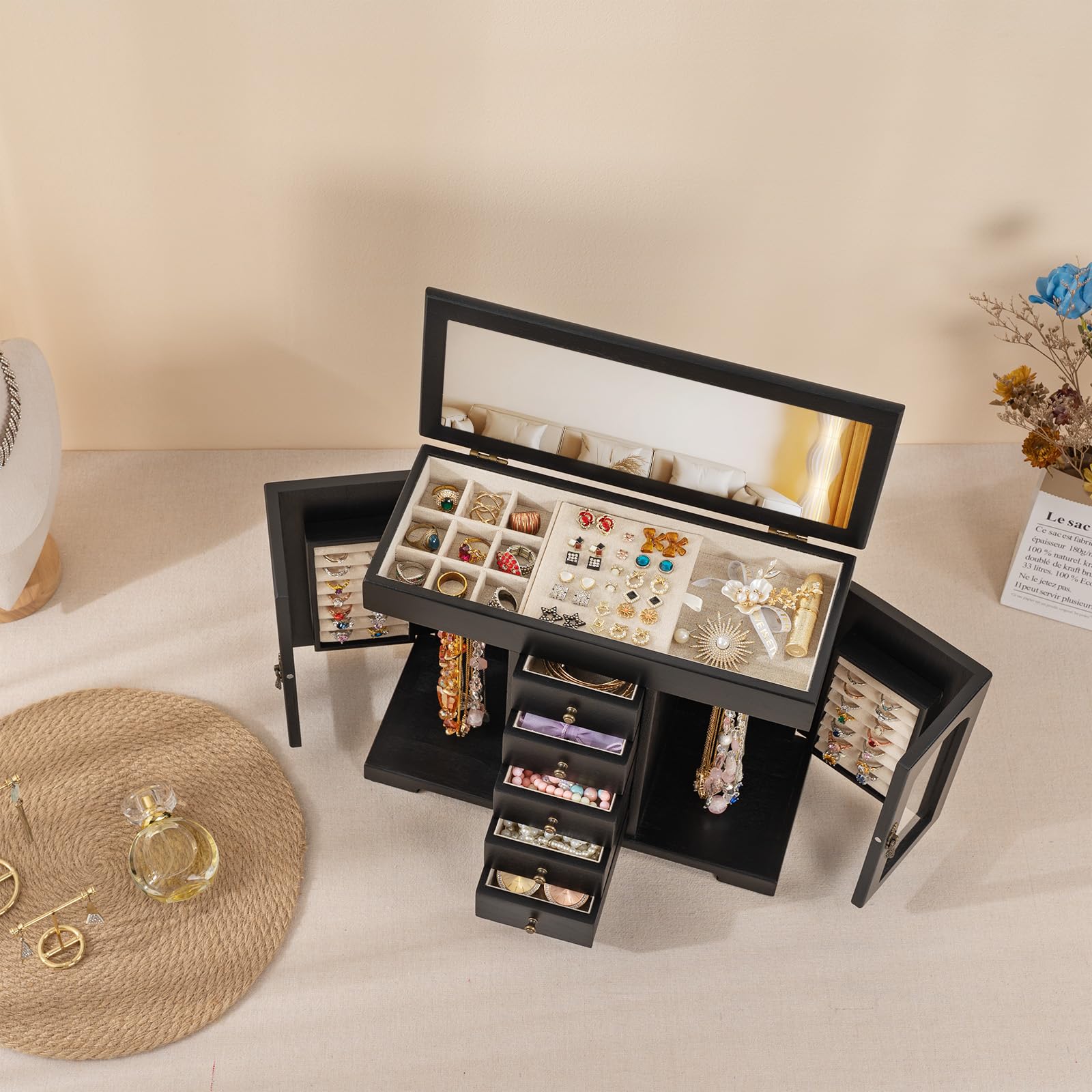 Schmuckkästchen, Rustikales Holz Groß Schmuckkasten Organizers mit Spiegel, Schmuckaufbewahrung, 6 Ebenen Schmuckbox für Ringe, Ohrringe, Halsketten, Armbänder (Schwarz)