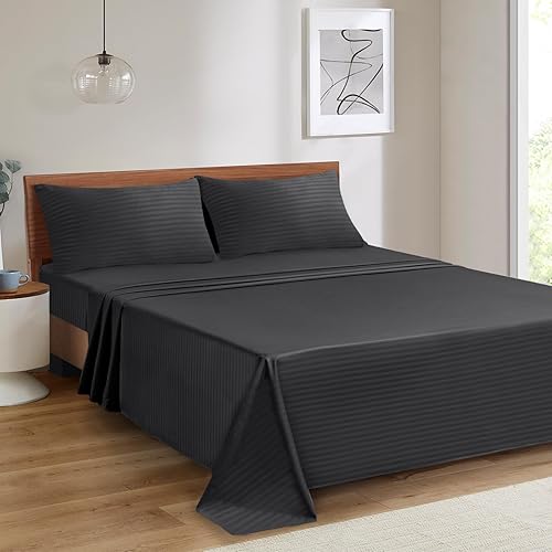 Miniatura 5 de Mejoroom Juego de sábanas a rayas tamaño Queen, sábanas y fundas de almohada de 1800 hilos de lujo para hoteles, sábana bajera con bolsillos