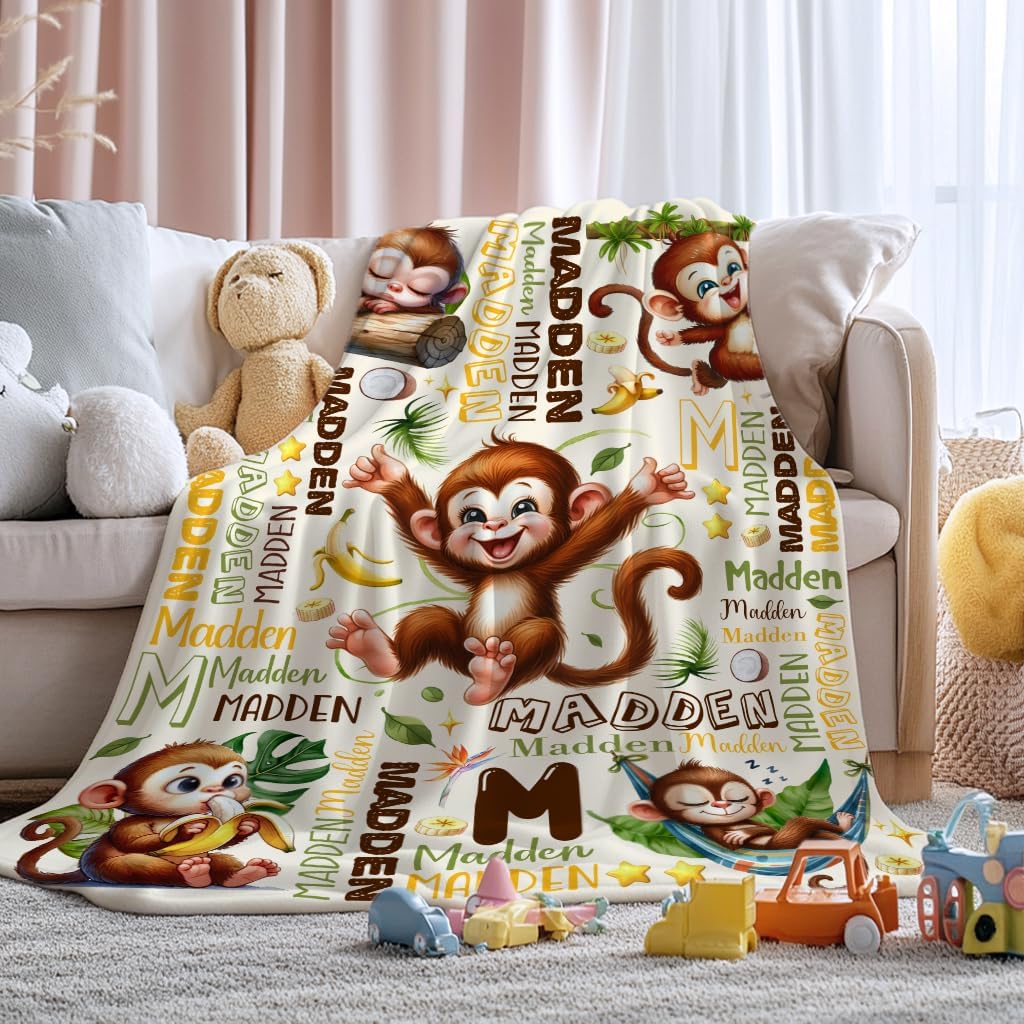 Personalized Banana Monkey Custom Baby Blanket with Name,Customized Banana Monkey Throw Blanket,Soft Personalized Baby Throw for Boys Girls Newborn Nursery Stroller Crib Decor Christmas Birthday Gift
