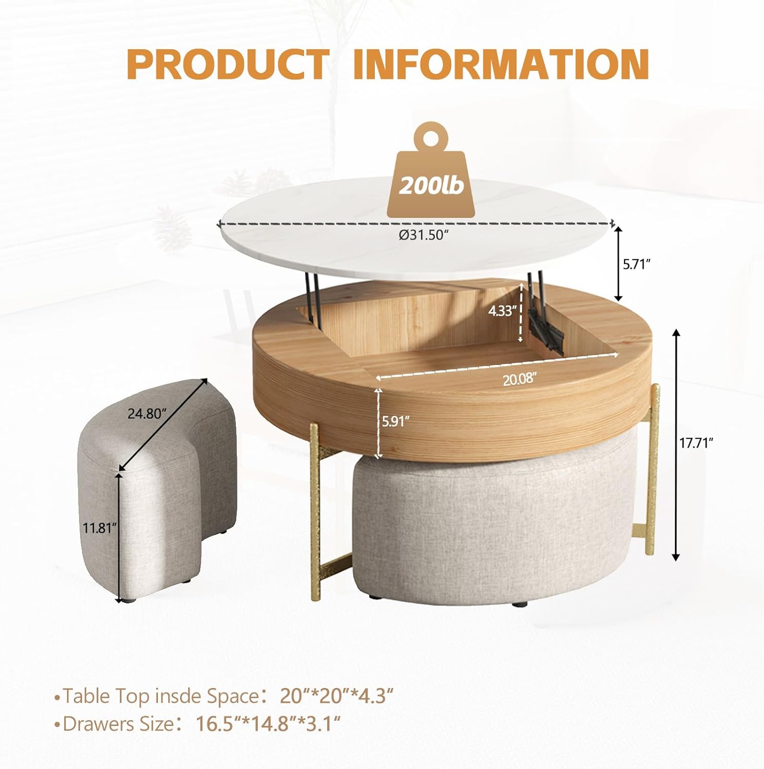 3 in 1 Lift Top Nesting Coffee Table with Storage,31.5" Round Marble Nesting Coffee Table with Linen Ottoman,Center Table Set for Living Room/Apartment/Small Place