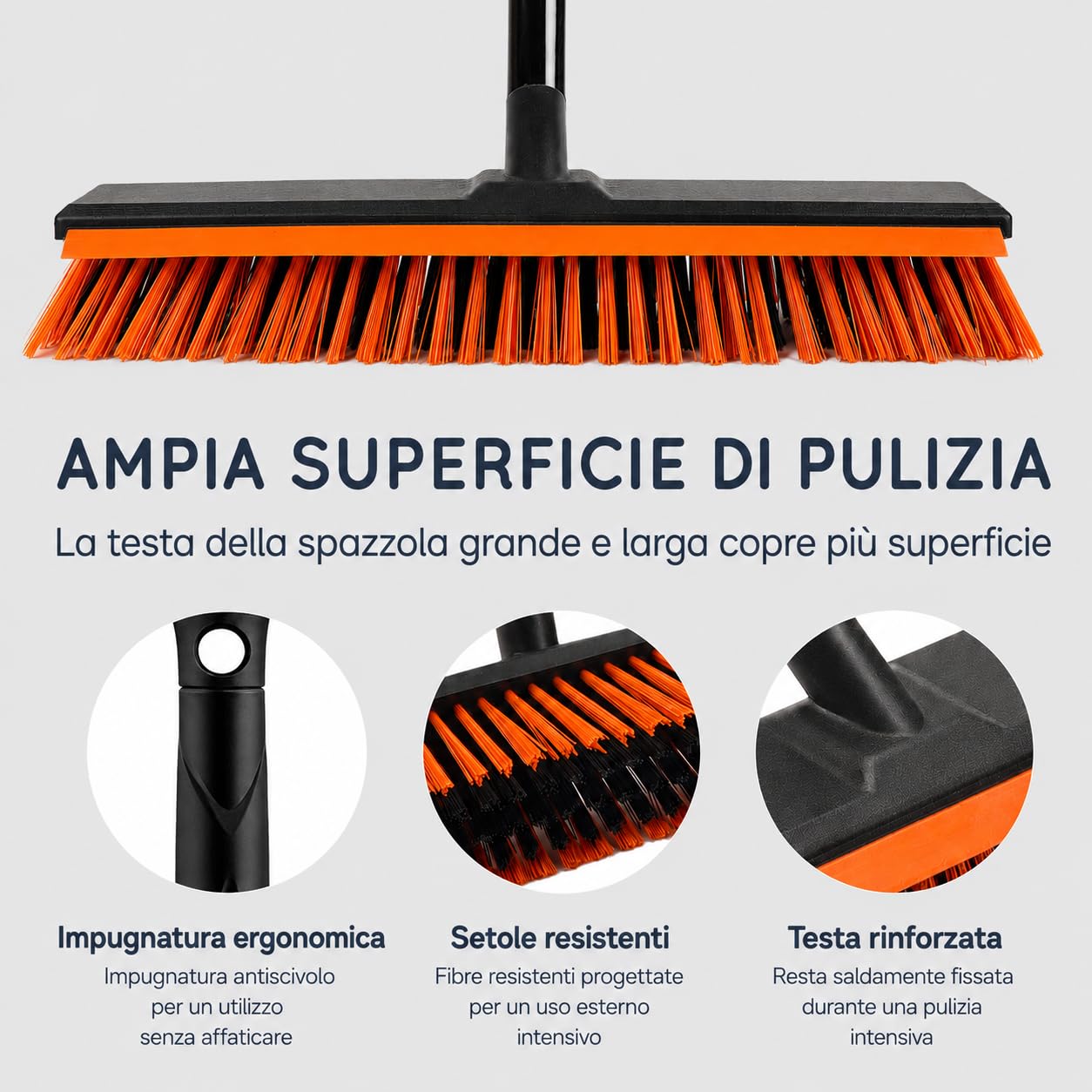 CUQOO Scopa resistente per esterni, spazzola con setole rigide con manico lungo per giardino, patio, vialetto e garage, spazzola resistente per esterni, ideale per superfici dure, pavimentazioni in