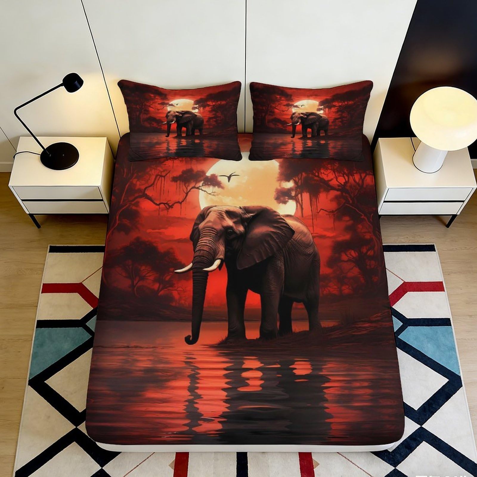 3D Printed Sunset Elephant Fitted Sheet Microfiber Soft Breathable African Wildlife Bed Cover for Bedroom Dormitory Guest Room Mattress Protection Decor 120x200x25cm