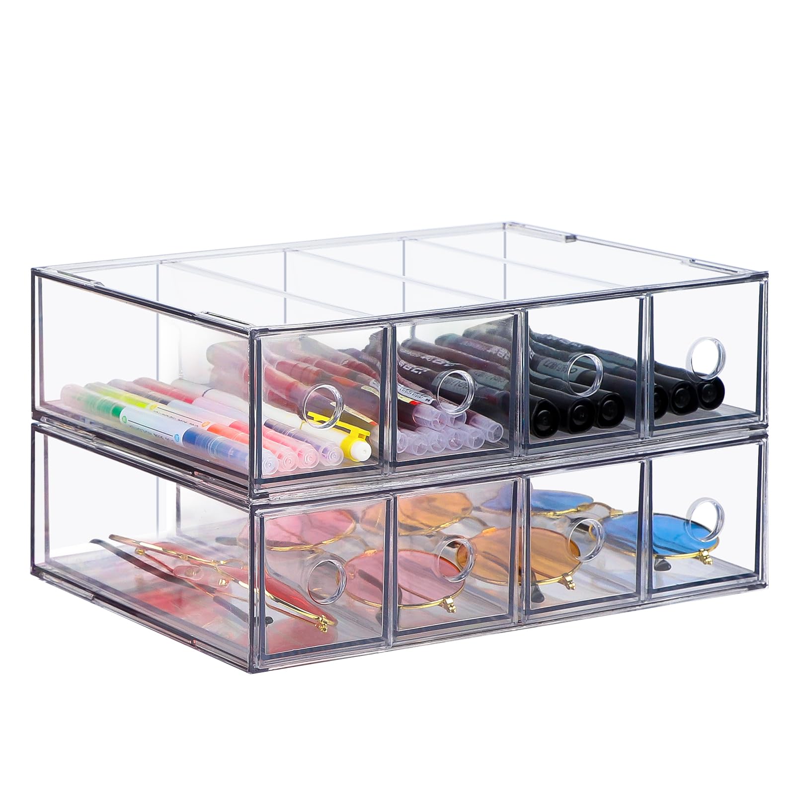 Organizador de 2 cajones con 8 compartimentos Caja organizadora de escritorio apilable con cajón extraíble Caja de almacenamiento multifunción para papelería, marca, oficina, gafas de sol