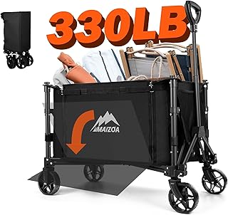 Collapsible Wagon with Large Capacity, 330lbs Heavy Duty Beach Wagon Outdoor Utility Cart with Dual Side Zipper, Utility Grocery Wagon for Camping Shopping Sports