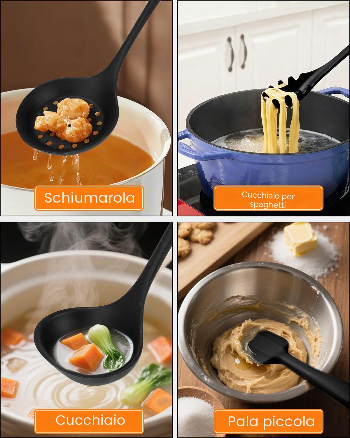 Set di utensili da cucina (nero), 15 pezzi di utensili da cucina e pentole, set di mestoli in silicone, set di utensili da cucina antiaderente e resistente al calore con supporto per utensili