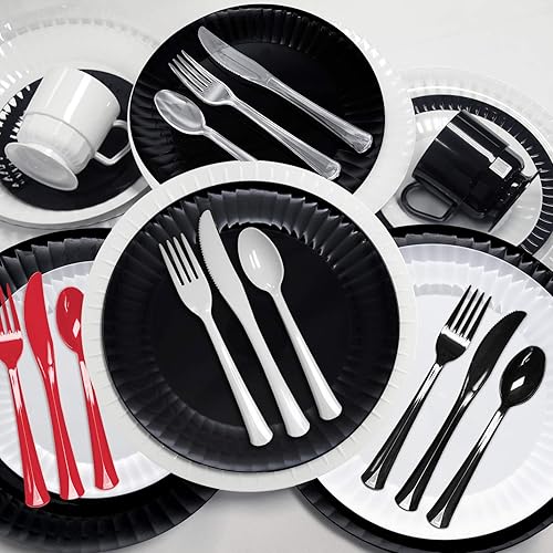 Miniatura 4 de Party Essentials Paquete combinado de cubiertos de plástico duro extra resistente y cuchillostenedorescucharas de tamaño completo, color negro, 8