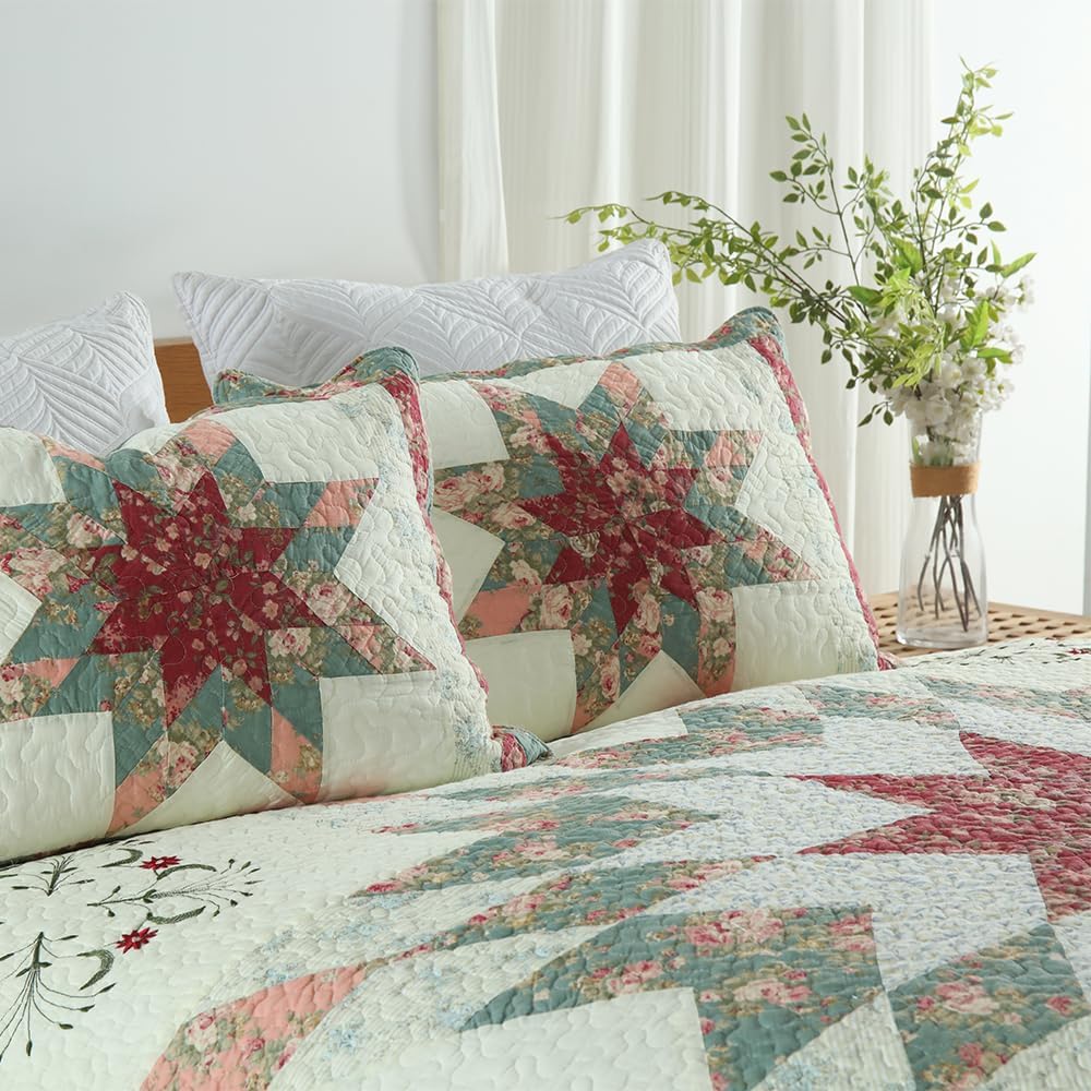 Cotton Bedspread Quilt Bedding Sets, 3 Pieces Reversible Coverlets Comforters Star with Red Floral Real Patchwork Bedspread,Queen Size - Image 3