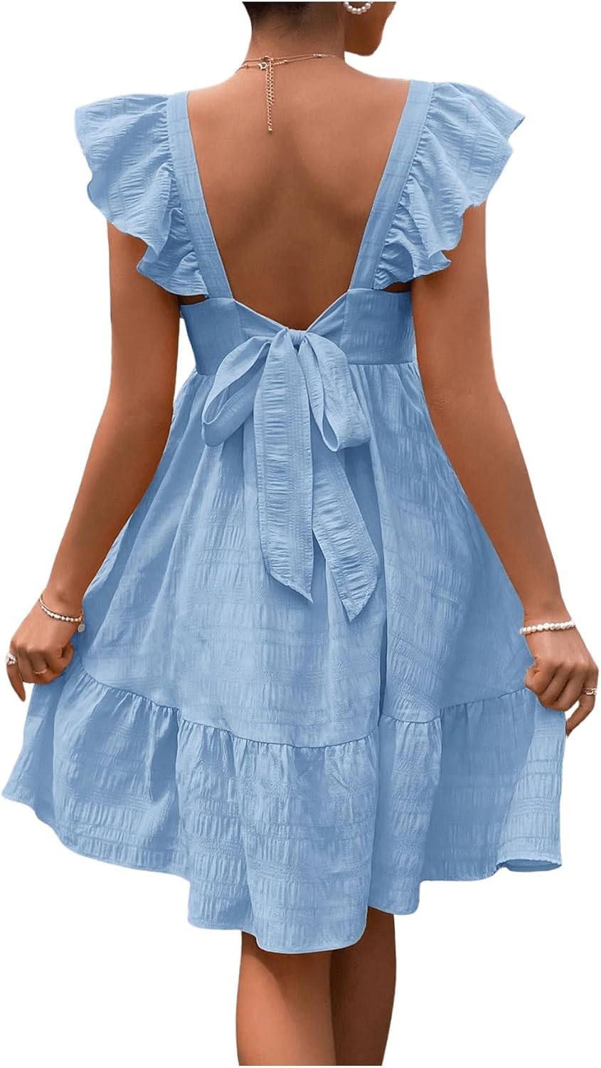 Women's Maternity Tie Backless Ruffle Hem Cap Sleeve Square Neck Dress Solid Flared Dresses X-Large Blue