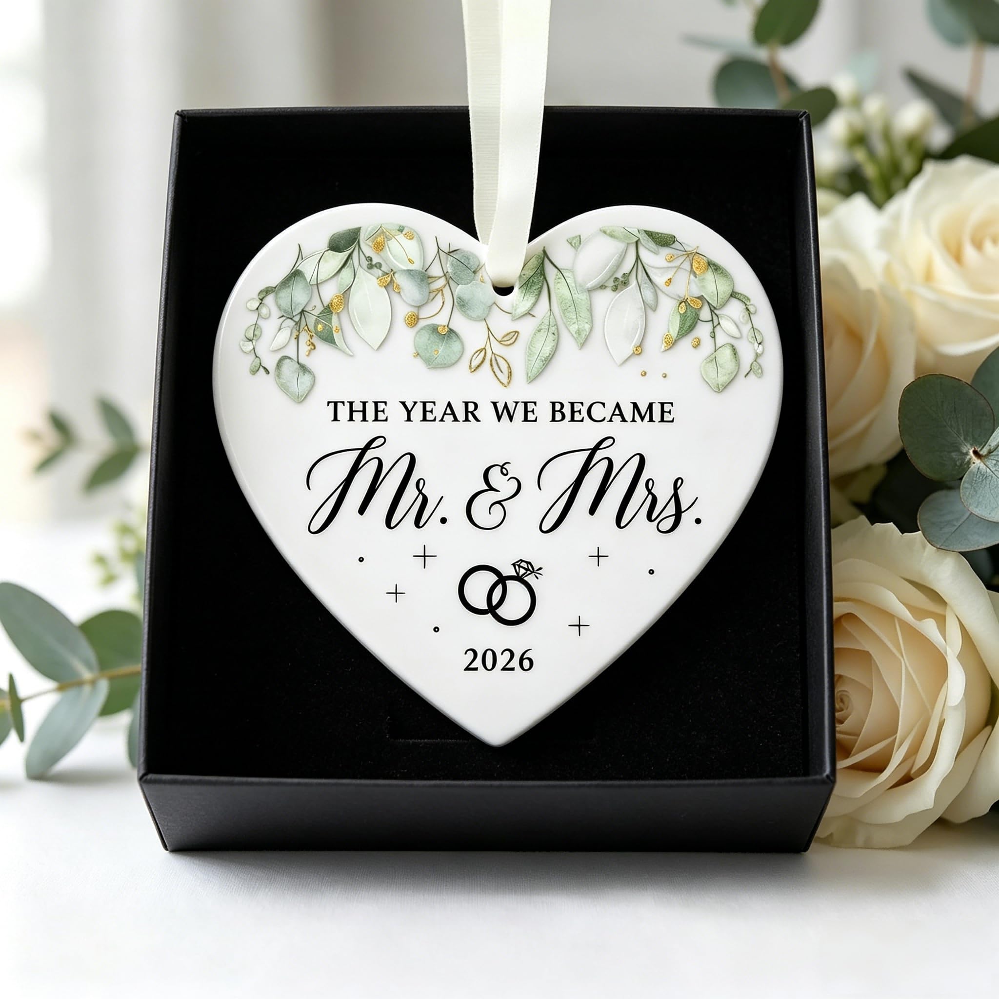 Mr & Mrs Gifts Double Sided Acrylic Heart Ornament, Personalised Wedding Gifts for Couples Newlyweds, Engagement Presents for Bride Groom, Elegant White Hanging Decorations with Gift Box 9x9cm