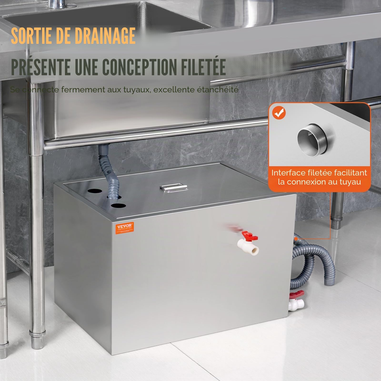 VEVOR Intercepteur à Graisse Commercial, Séparateur de Graisse 18 kg, Bac à Graisse Entrée Inférieure, sous l'Évier en Inox, Séparateur Huile-Eau d'Eaux Usées 10 GPM, pour Cuisine Cantine Restaurant