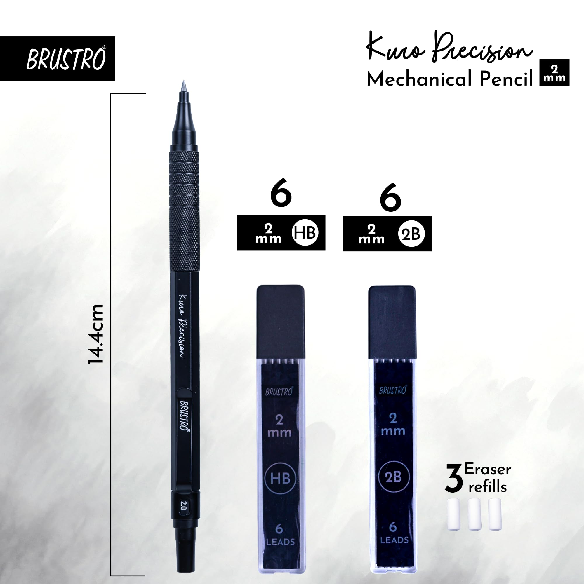 BRUSTRO Kuro Precision Mechanical Pencil |Tip Size- 2mm With 6- HB and 6-2B Leads, Built-in-Sharpener, 3 Eraser Refill|Ideal For Writing, Sketching, Drawing, Mandala Arts and Fine Art Students 3