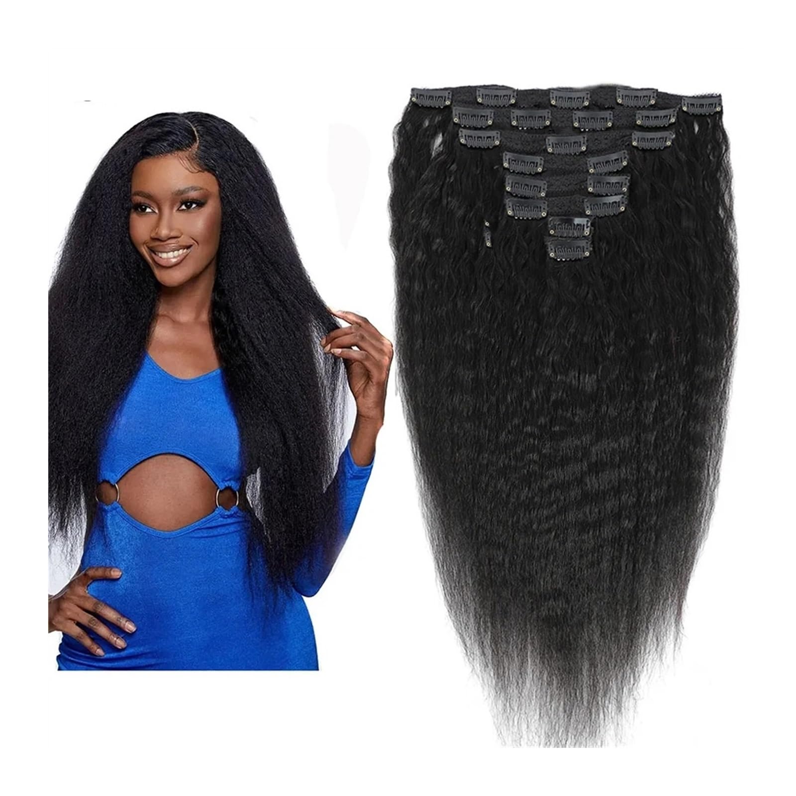 Extensions de cheveux Extensions de cheveux brésiliens crépus lisses à clips, 8 à 26 pouces d'épaisseur, 100% cheveux Remy, noir naturel, 8 pièces avec 20 clips, 120 g/160 g par lot, convient for têt